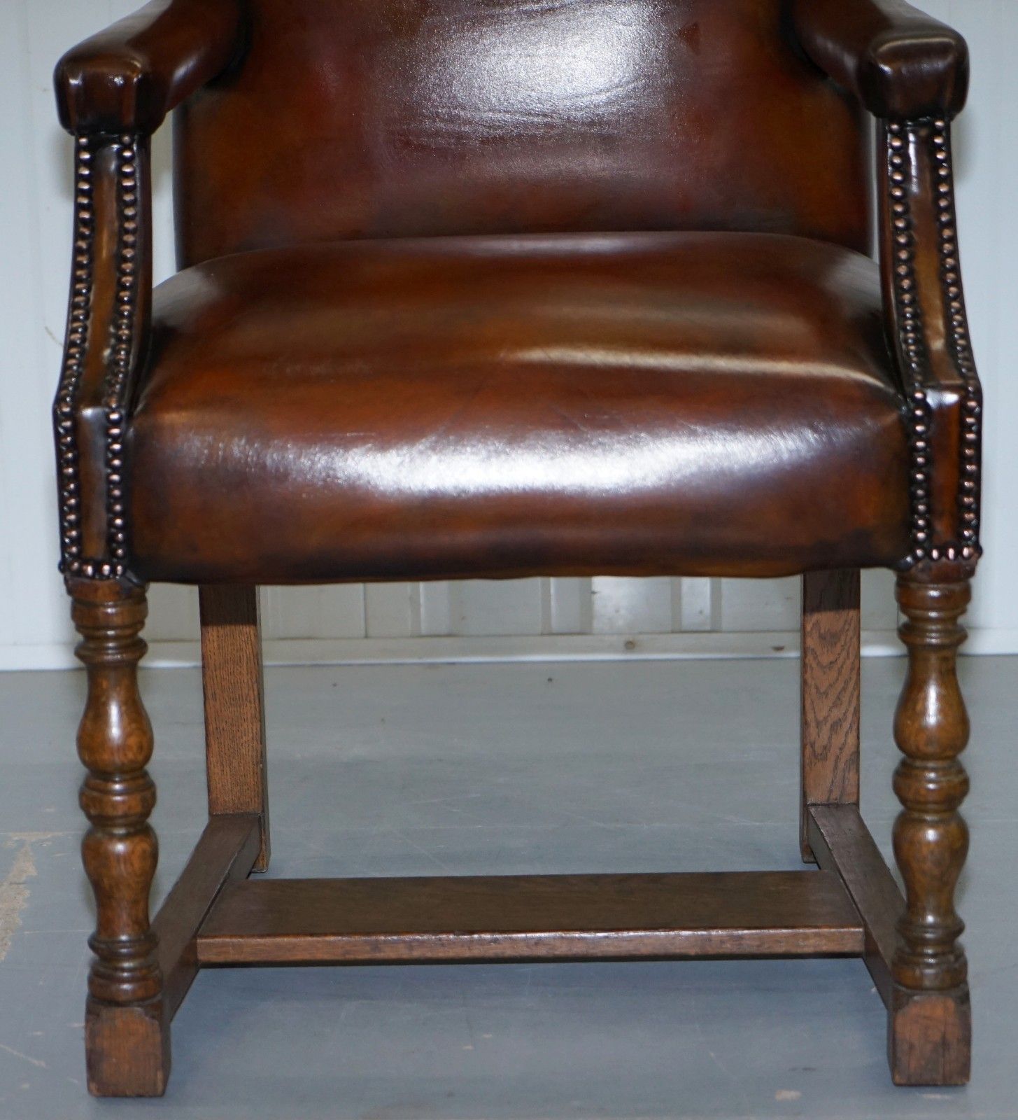 8 Howard & Son's Stamped Circa 1900 Brown Leather Carver Gainsborough Armchairs photo vintage