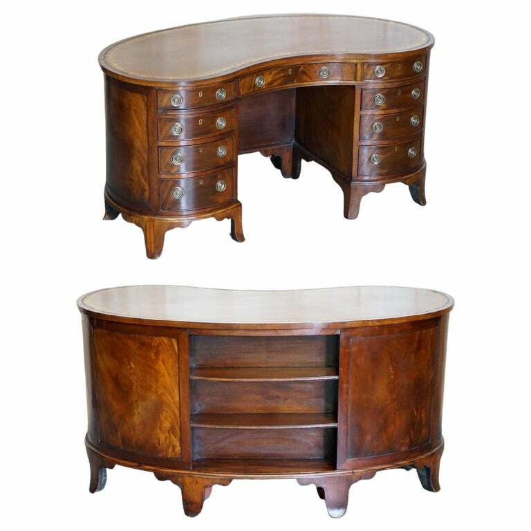 Important Fully Restored Antique Victorian Bookcase Back Leather Top Kidney Desk