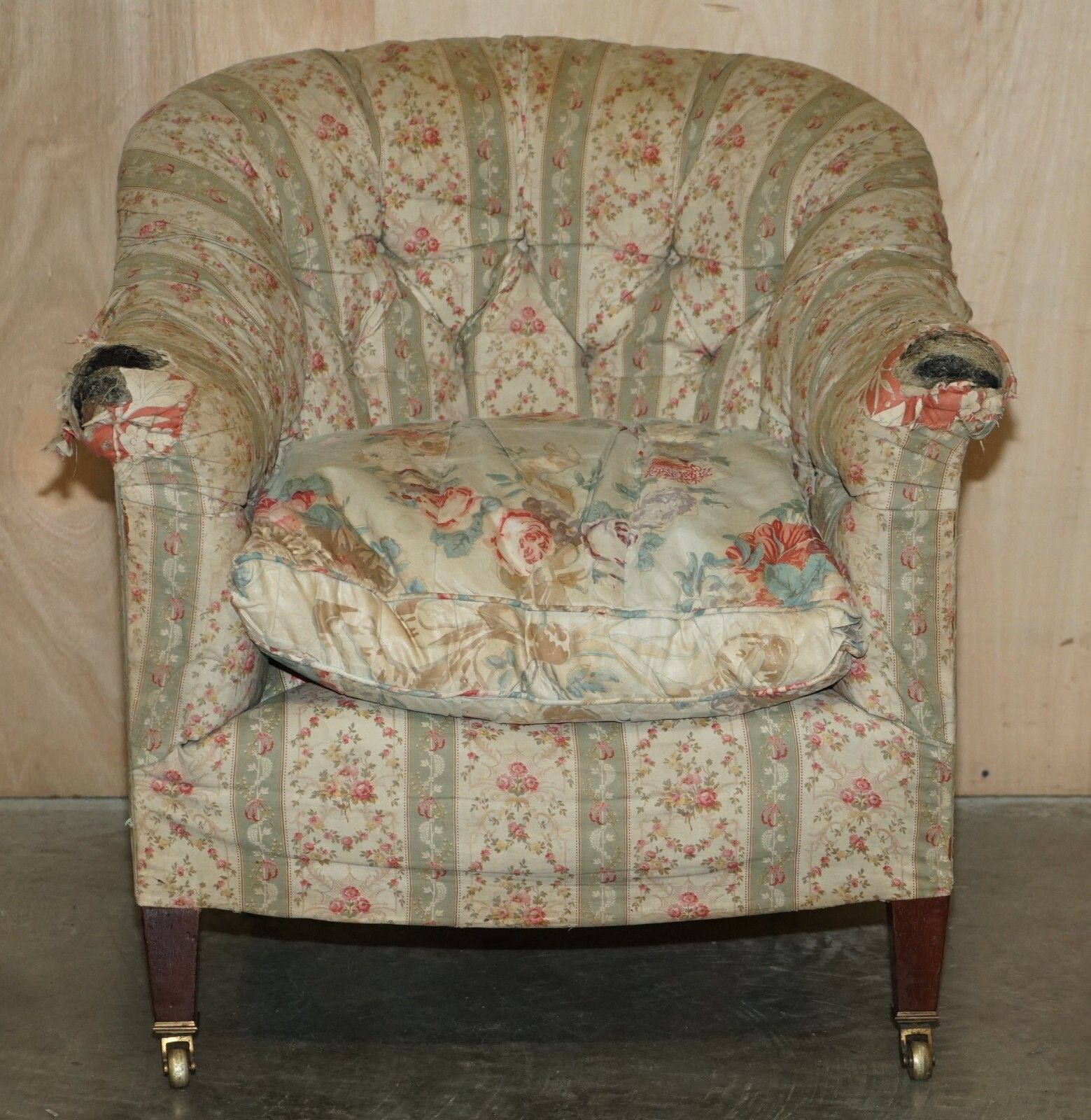 photo buy Pair Of Antique Original Ticking Fabric Howard & Son's Chesterfield Armchairs