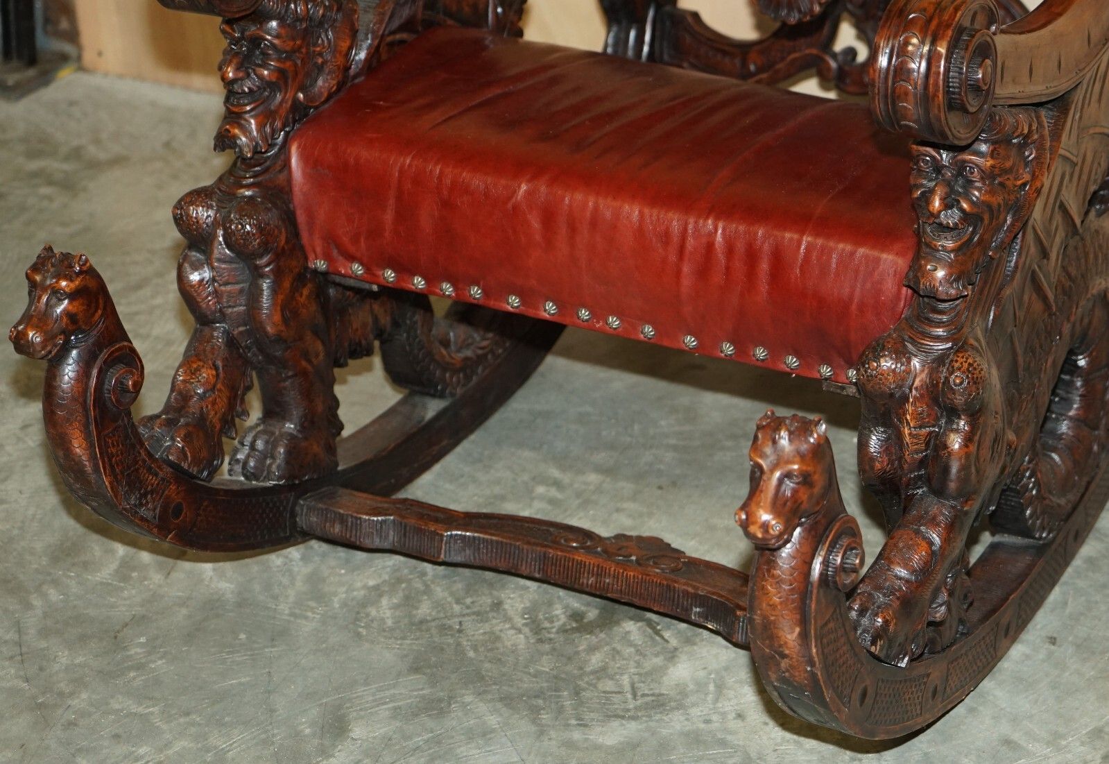 Antique Italian Circa 1850 Hand Carved Fruitwood Leather Rocking Armchair photo buy
