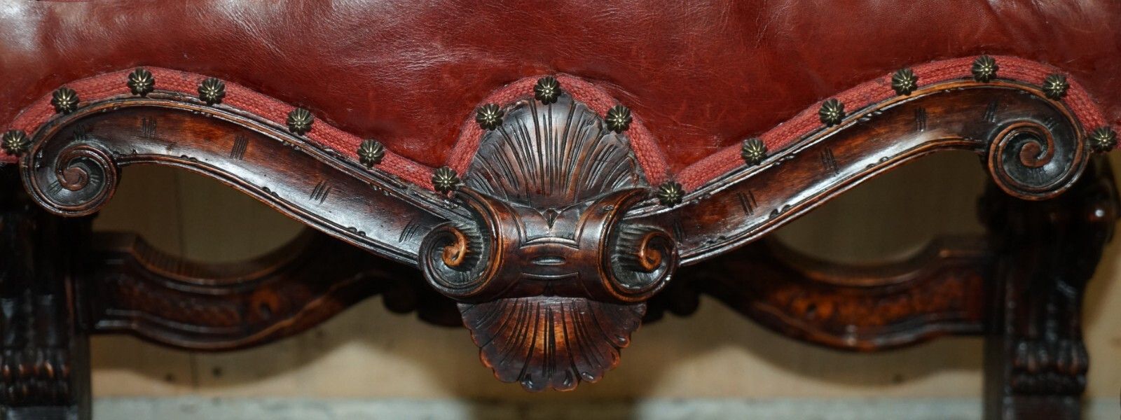 photo vintage Antique Italian Circa 1850 Hand Carved Fruitwood Leather Rocking Armchair