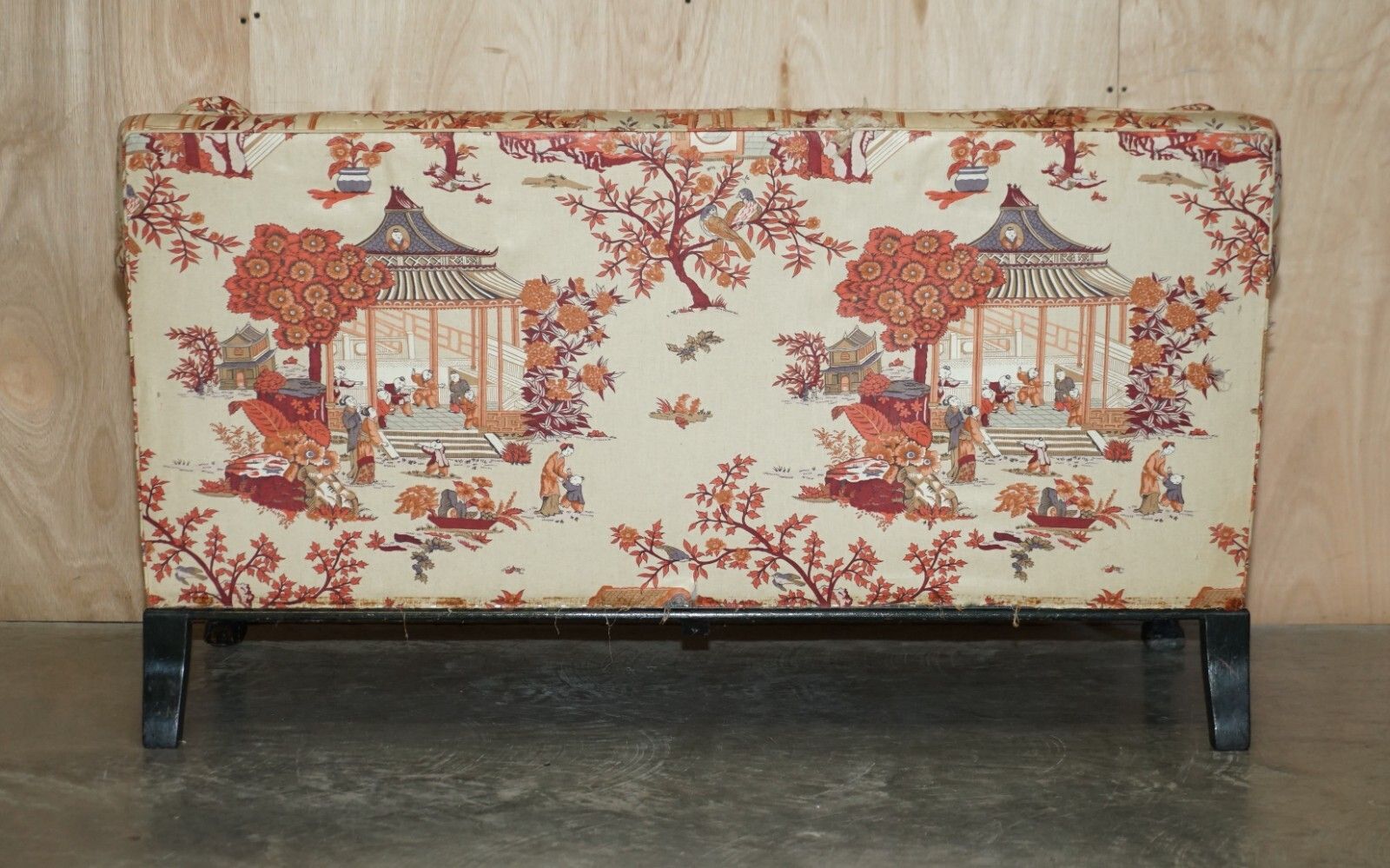 photo for sale Antique Howard & Sons Aesthetic Movement Sofa Claw & Ball Feet Chinoiserie Fabic