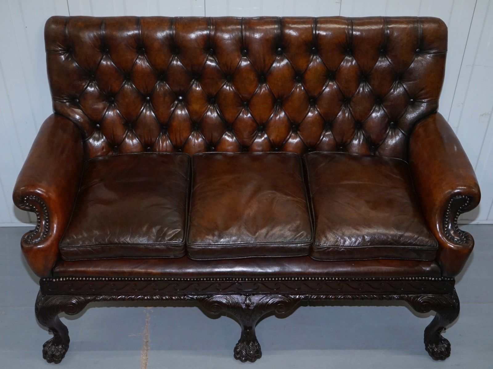 Victorian Georgian Irish Brown Leather Chesterfield Sofa Lion Hairy Paw Feet photo Furniture