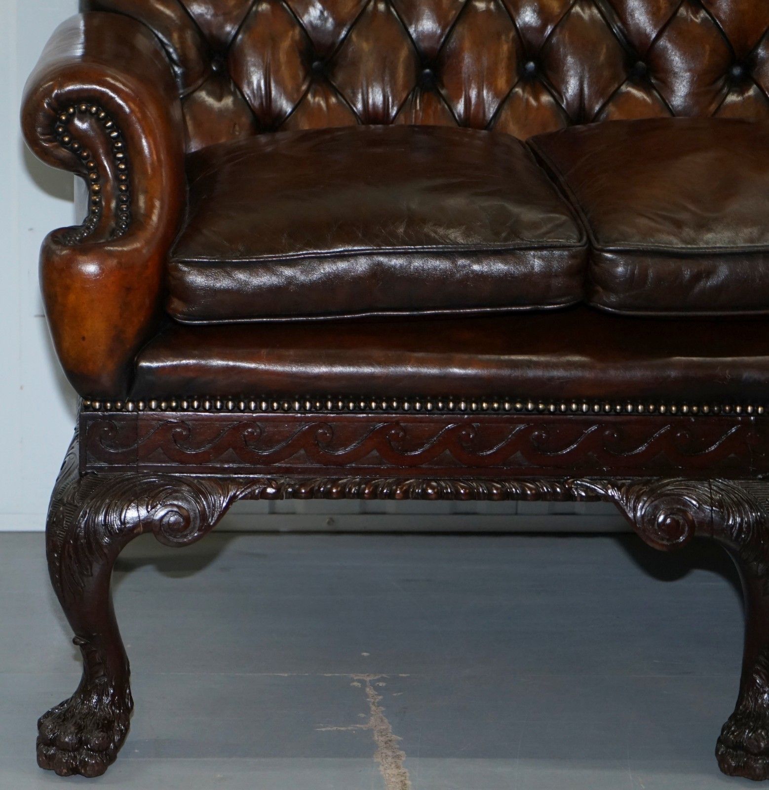 Victorian Georgian Irish Brown Leather Chesterfield Sofa Lion Hairy Paw Feet photo vintage