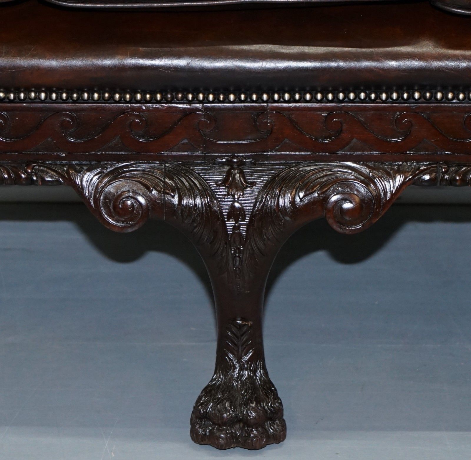photo furniture Victorian Georgian Irish Brown Leather Chesterfield Sofa Lion Hairy Paw Feet