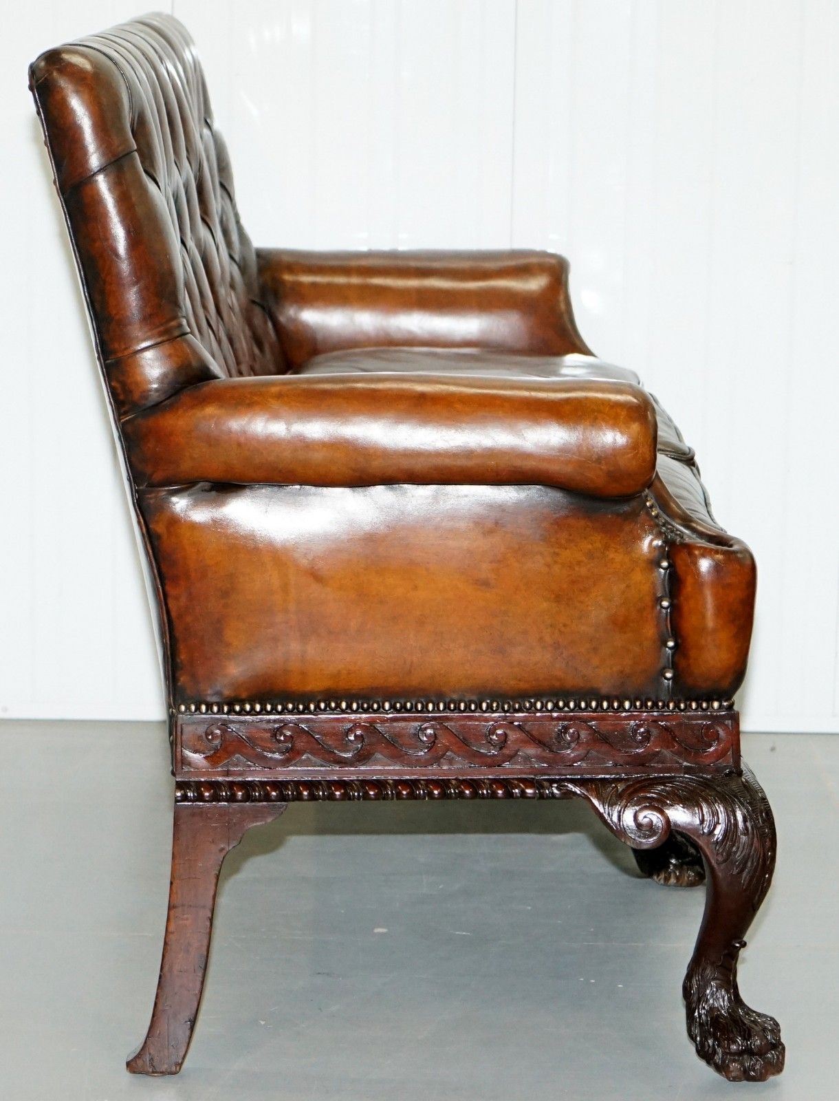 Furniture Victorian Georgian Irish Brown Leather Chesterfield Sofa Lion Hairy Paw Feet photo