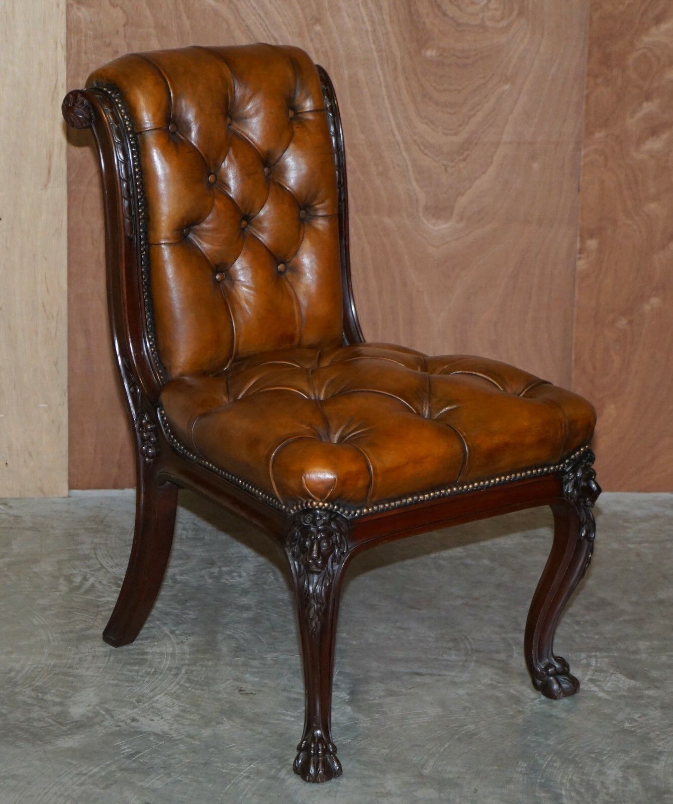 Circa 1845 C Hindley & Sons Lion Carved Chesterfield Brown Leather Dining Chairs photo Furniture