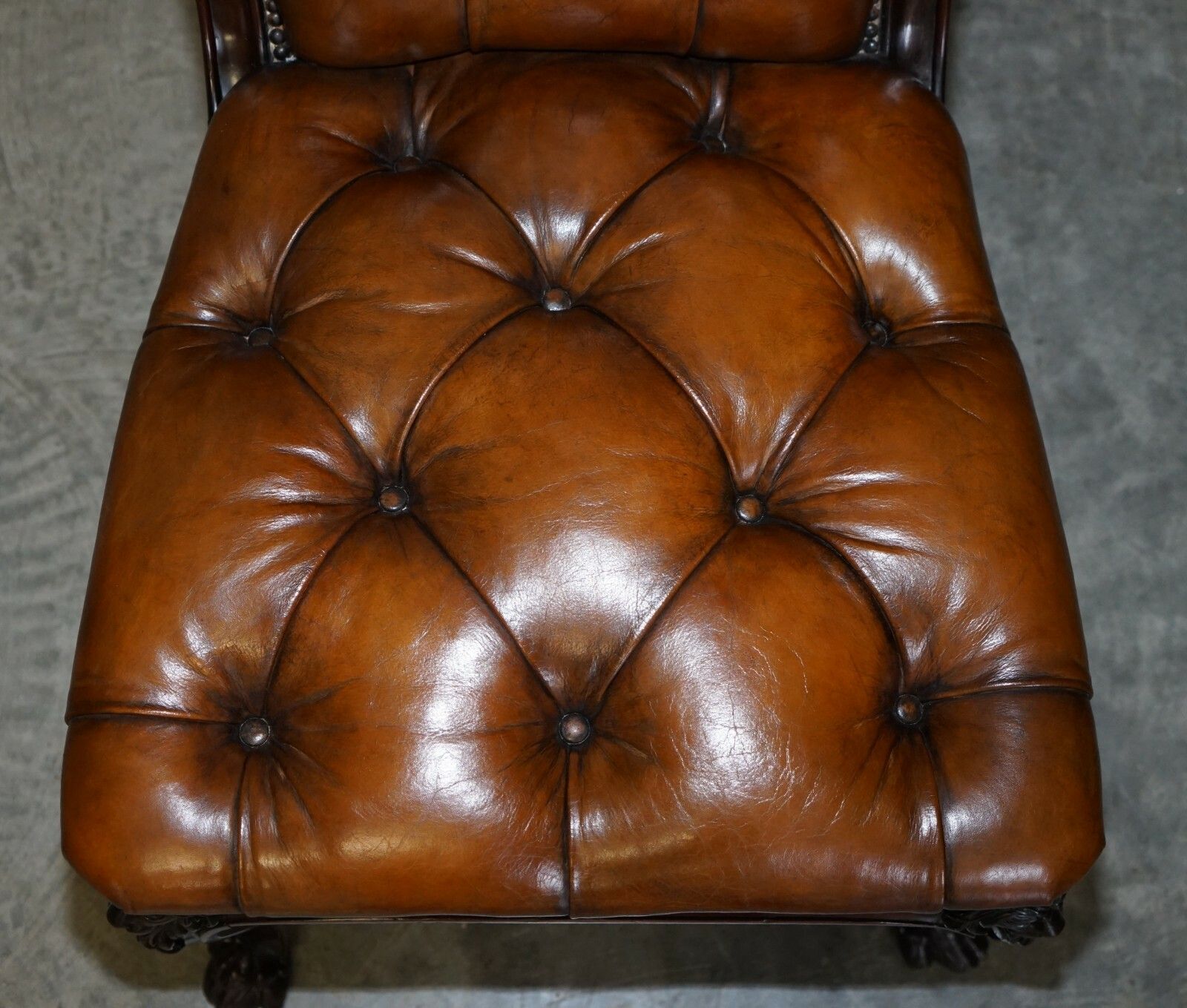 Circa 1845 C Hindley & Sons Lion Carved Chesterfield Brown Leather Dining Chairs photo buy