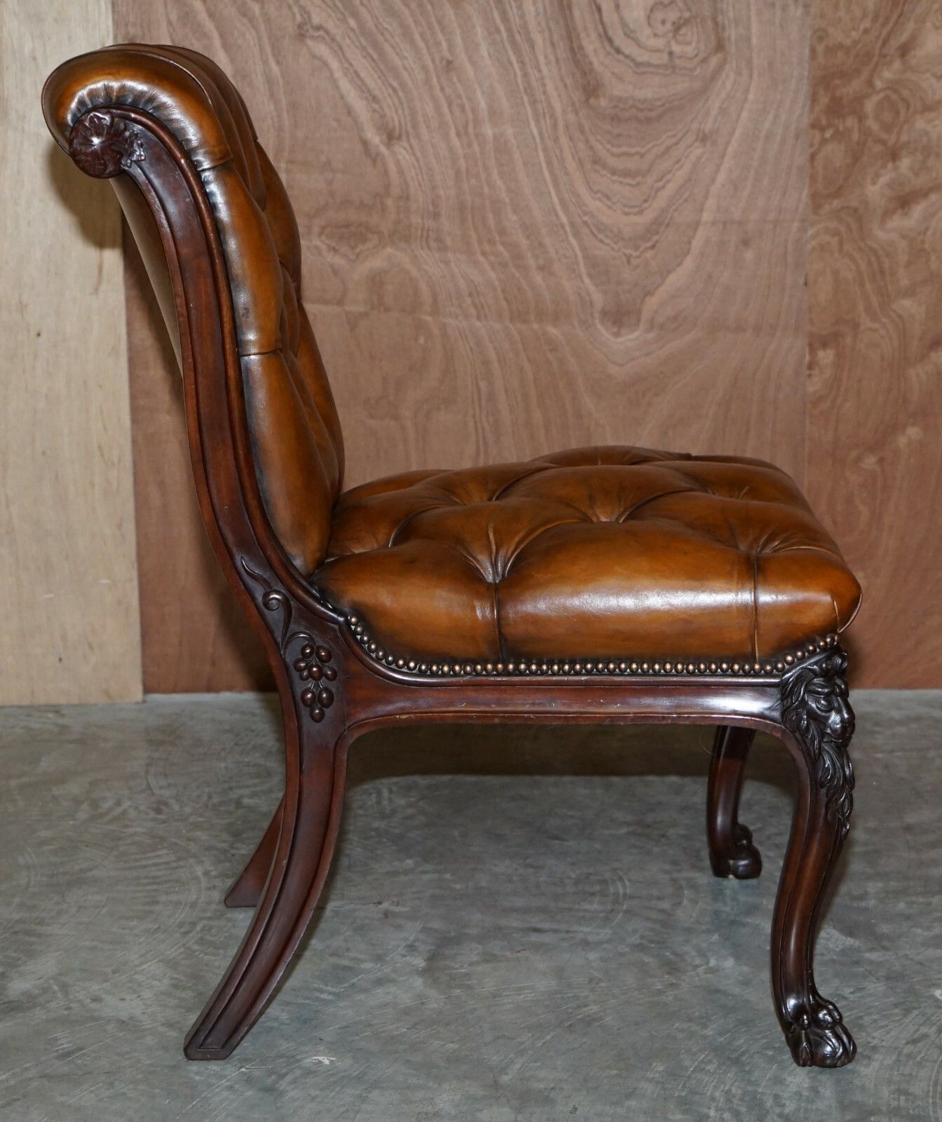 Furniture Circa 1845 C Hindley & Sons Lion Carved Chesterfield Brown Leather Dining Chairs photo