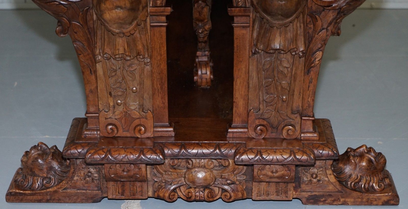 Rare 18th Century French Walnut Renaissance Extending High Table Heavily Carved photo vinterior