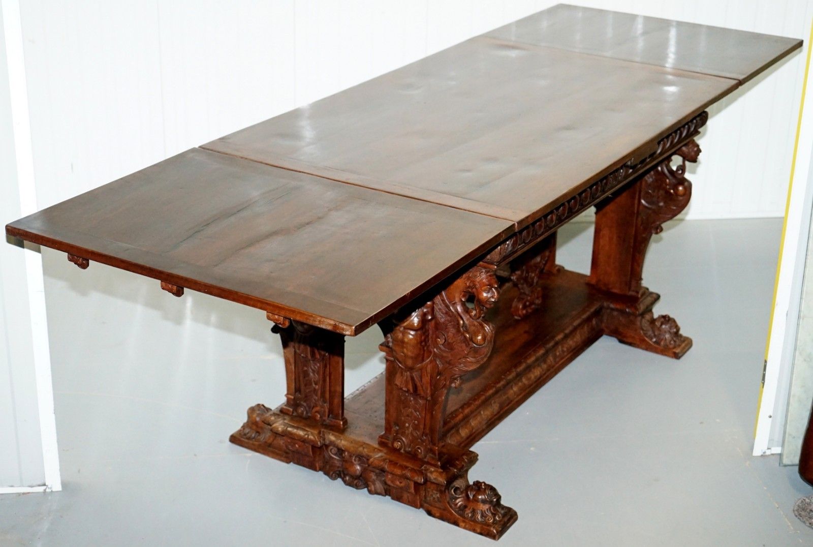 Furniture Rare 18th Century French Walnut Renaissance Extending High Table Heavily Carved photo