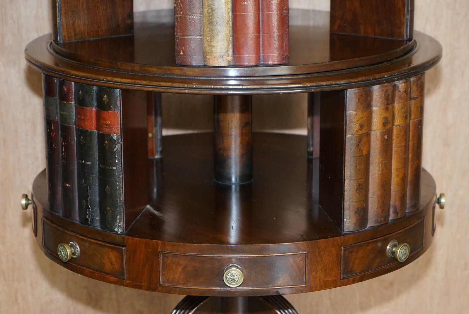 photo for sale Restored Regency Circa 1810 Revolving Mahogany Library Bookcase With Faux Books