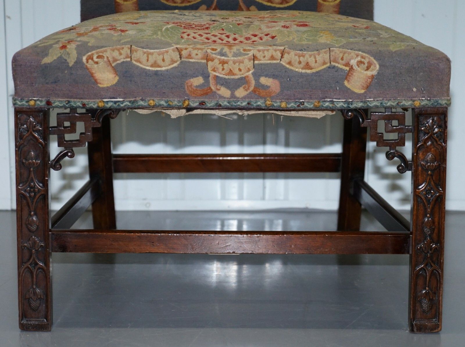 12500.0 Rare Pair Of Thomas Chippendale Period 1760 Embroidered Chairs Ornately Carved photo