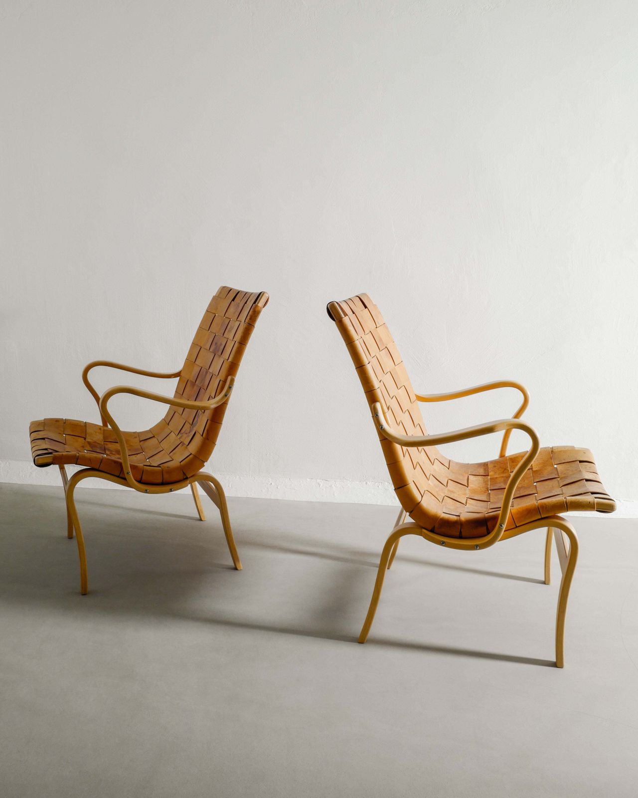 A Pair Of Swedish Mid Century Wooden "Eva" Armchairs In Birch & Patinated Leather By Bruno Mathsson, 1970s photo for sale