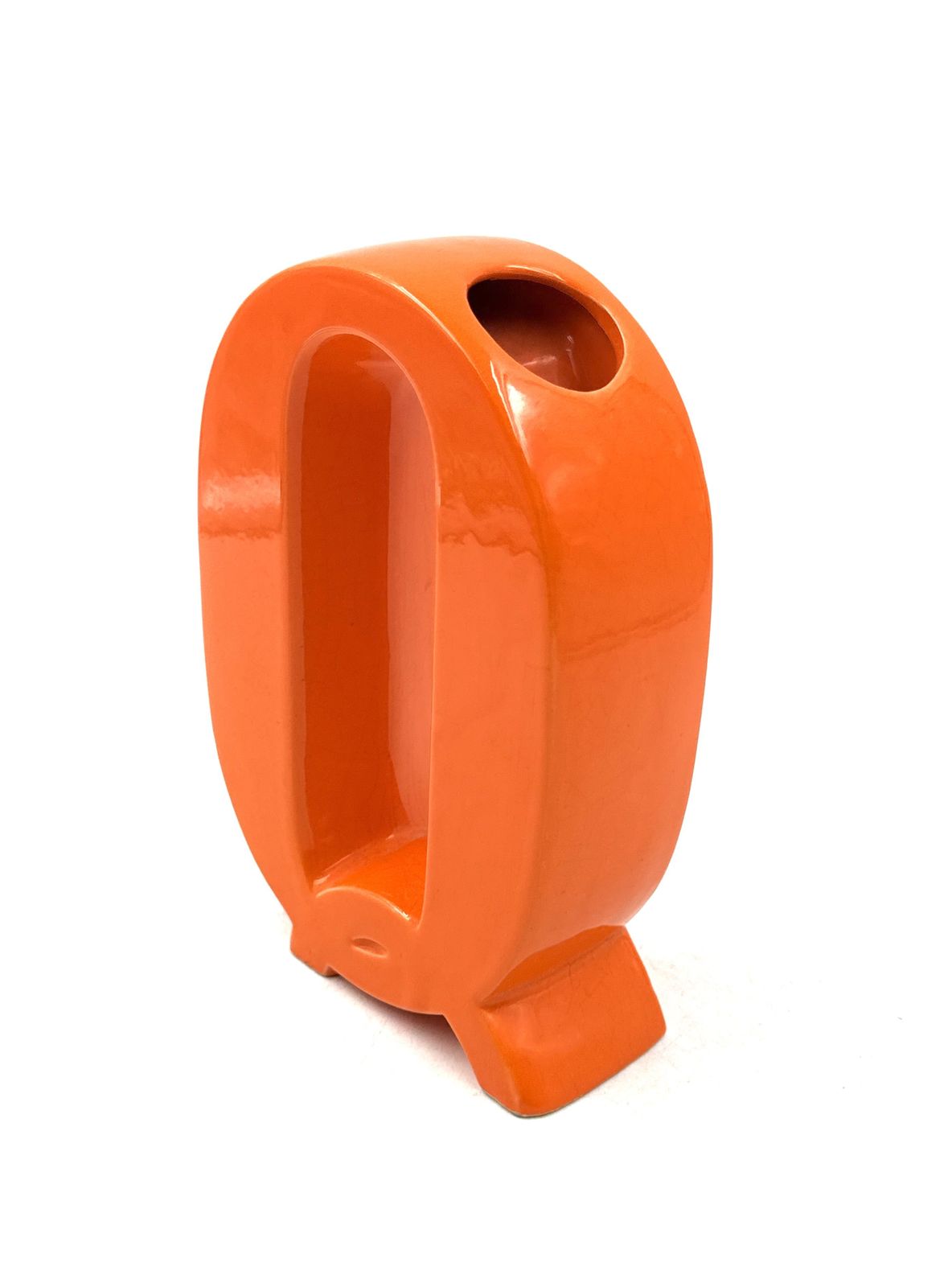 Space Age Orange Q Letter Shaped Ceramic Solifleur Vase, Marcel Radureau Ca. 1970 photo 120.0