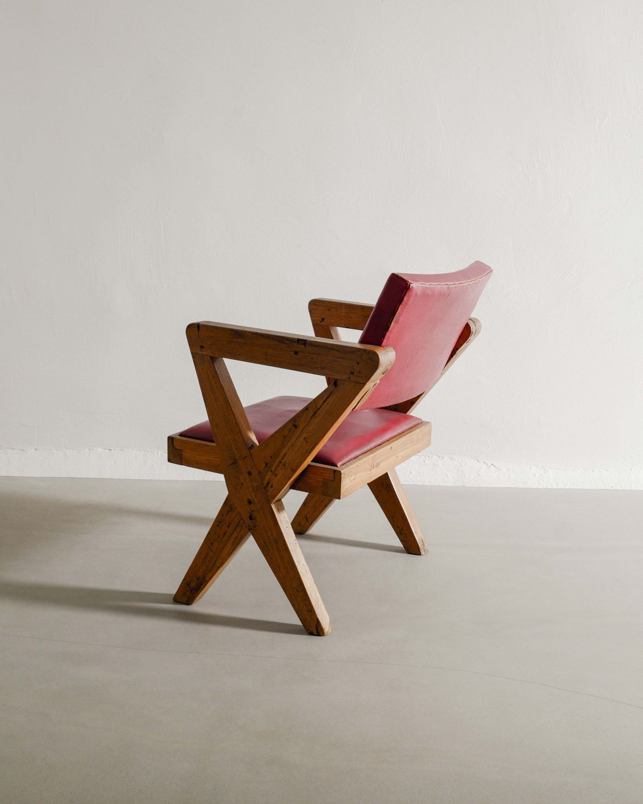 Pair Of French Mid Century Wooden "X Chairs" In Teak And Original Red Leather By Pierre Jeanneret, 1950s photo for sale