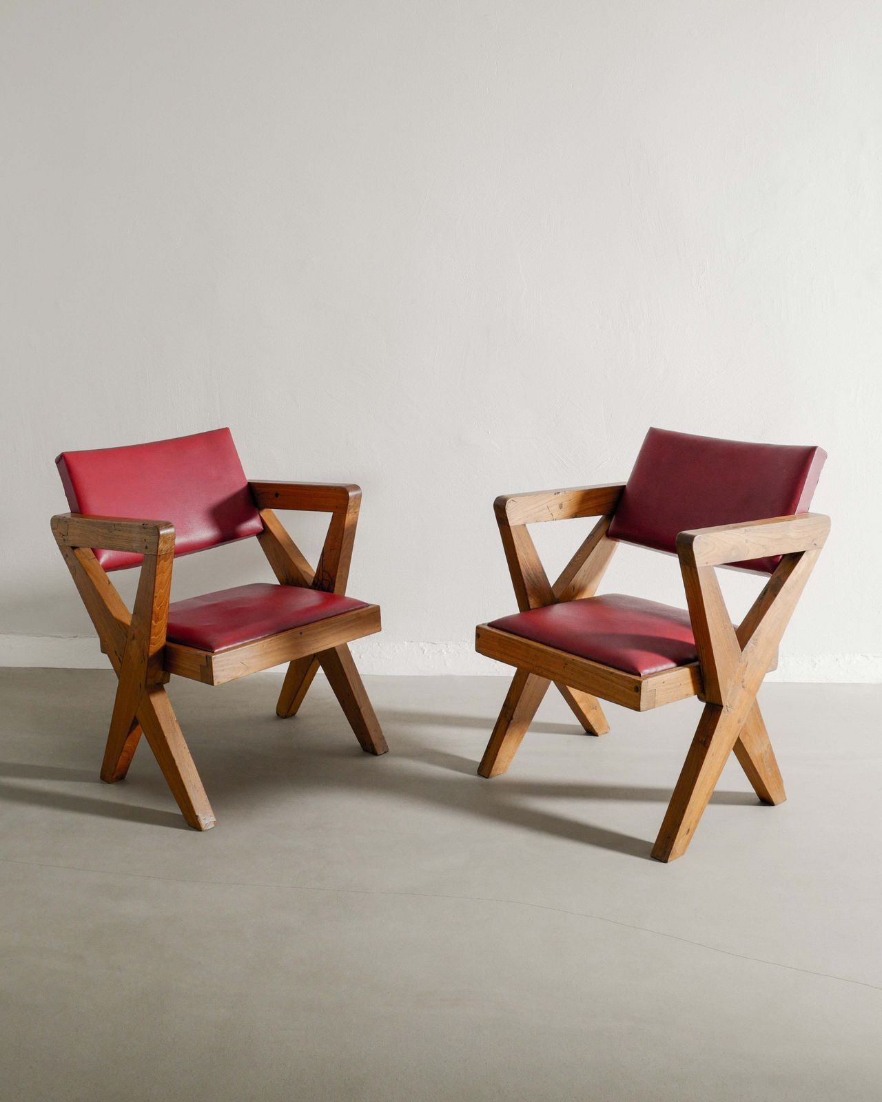 Pair Of French Mid Century Wooden "X Chairs" In Teak And Original Red Leather By Pierre Jeanneret, 1950s photo 35000.0