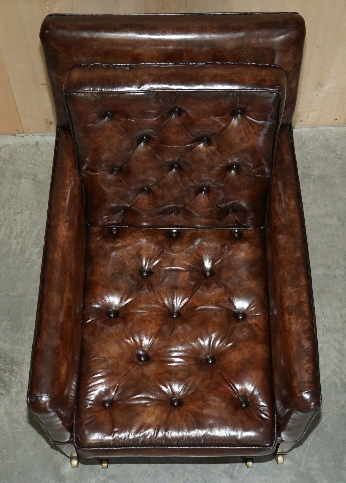 Pair Of Antique Regency  Brown Leather Chesterfield Armchairs Extending Stools photo buy