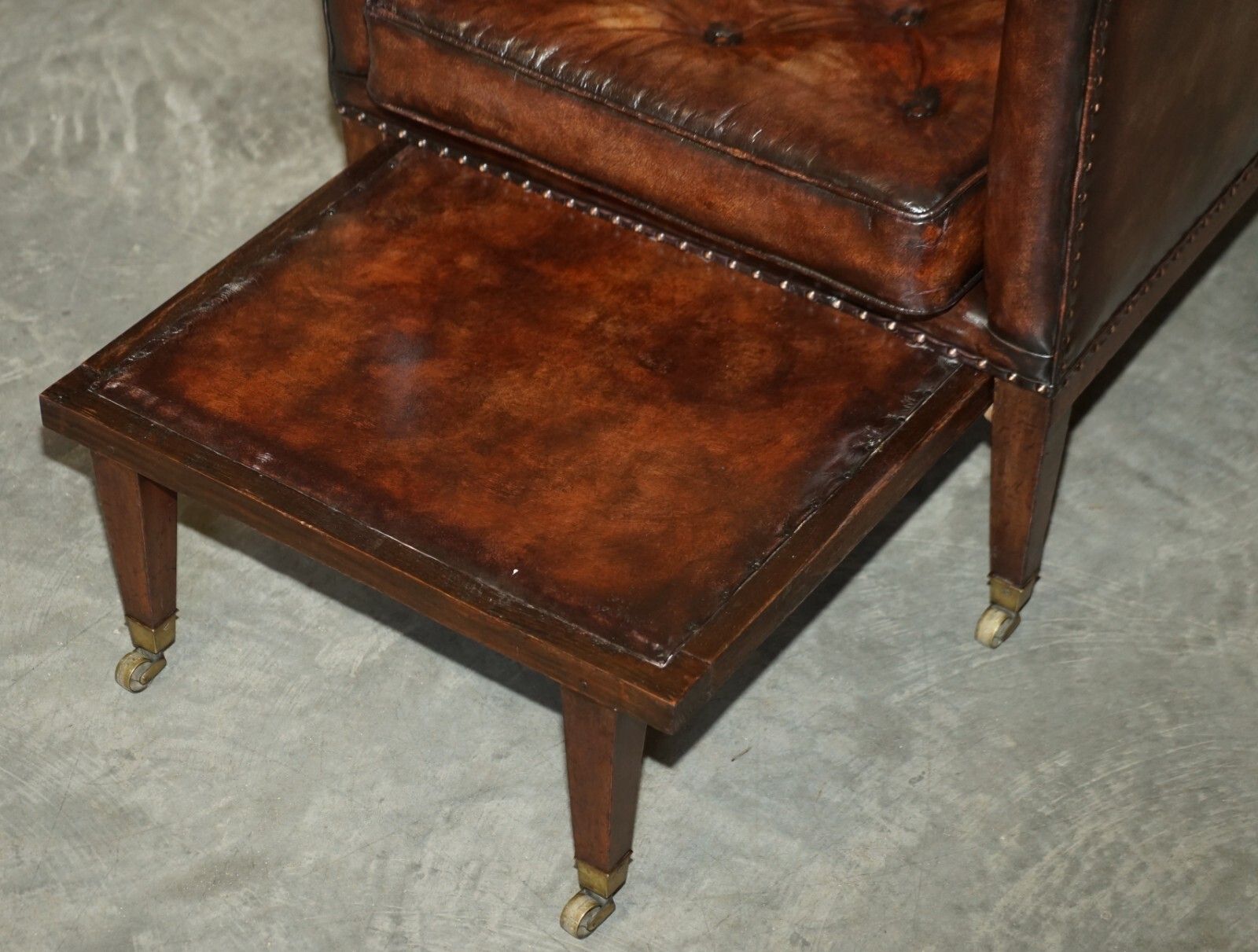 14400.0 Pair Of Antique Regency  Brown Leather Chesterfield Armchairs Extending Stools photo