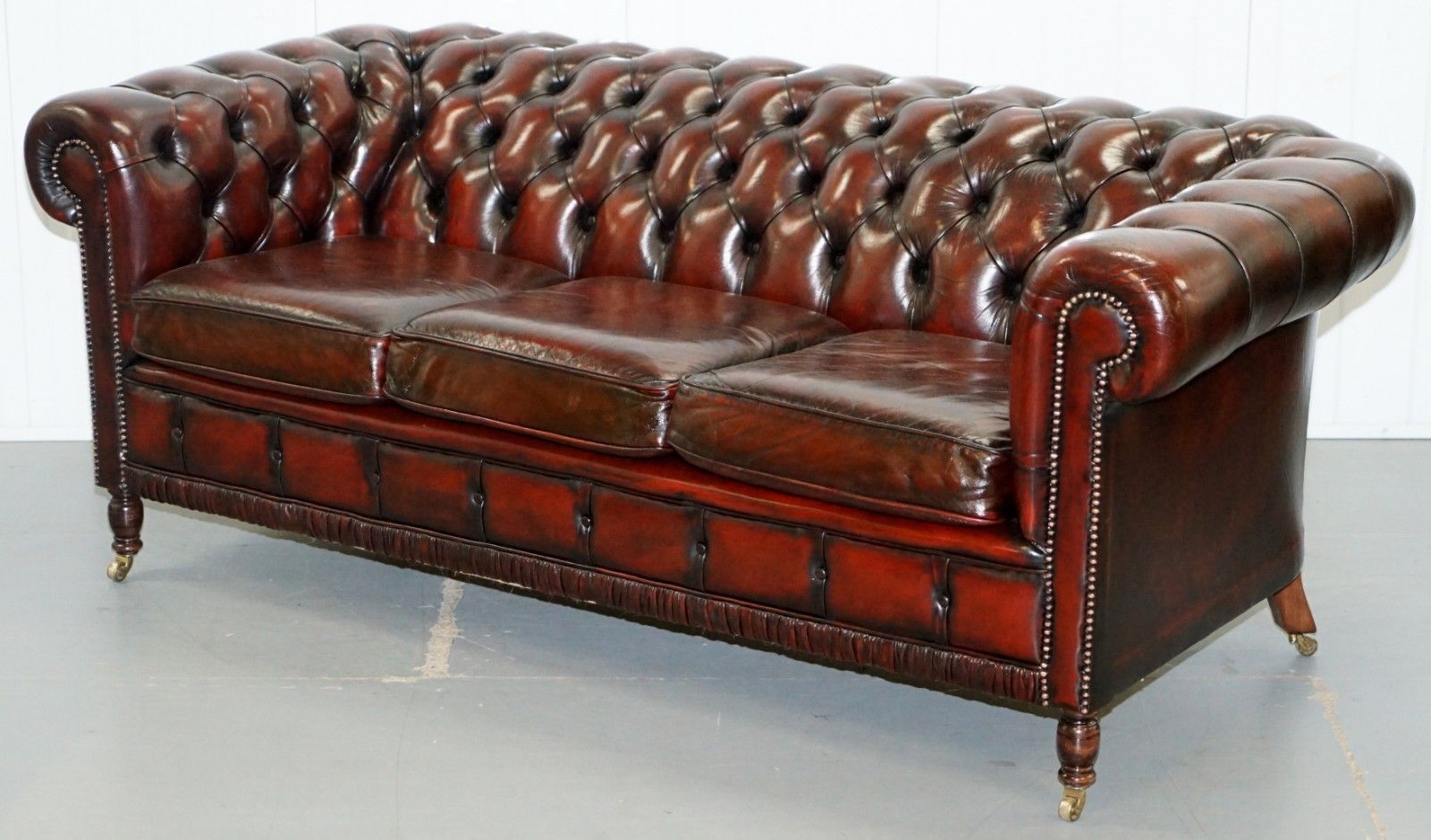 Furniture Restored Bordeaux Leather Chesterfield Club Suite Armchair & Sofa On Turned Legs photo