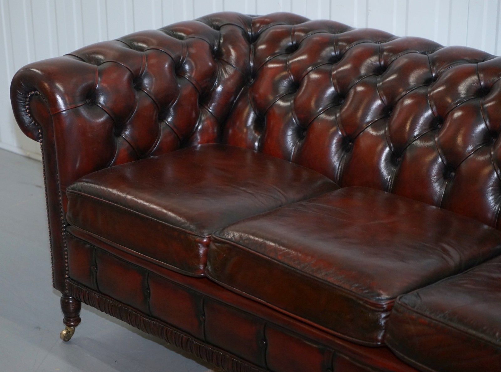 12000.0 Restored Bordeaux Leather Chesterfield Club Suite Armchair & Sofa On Turned Legs photo