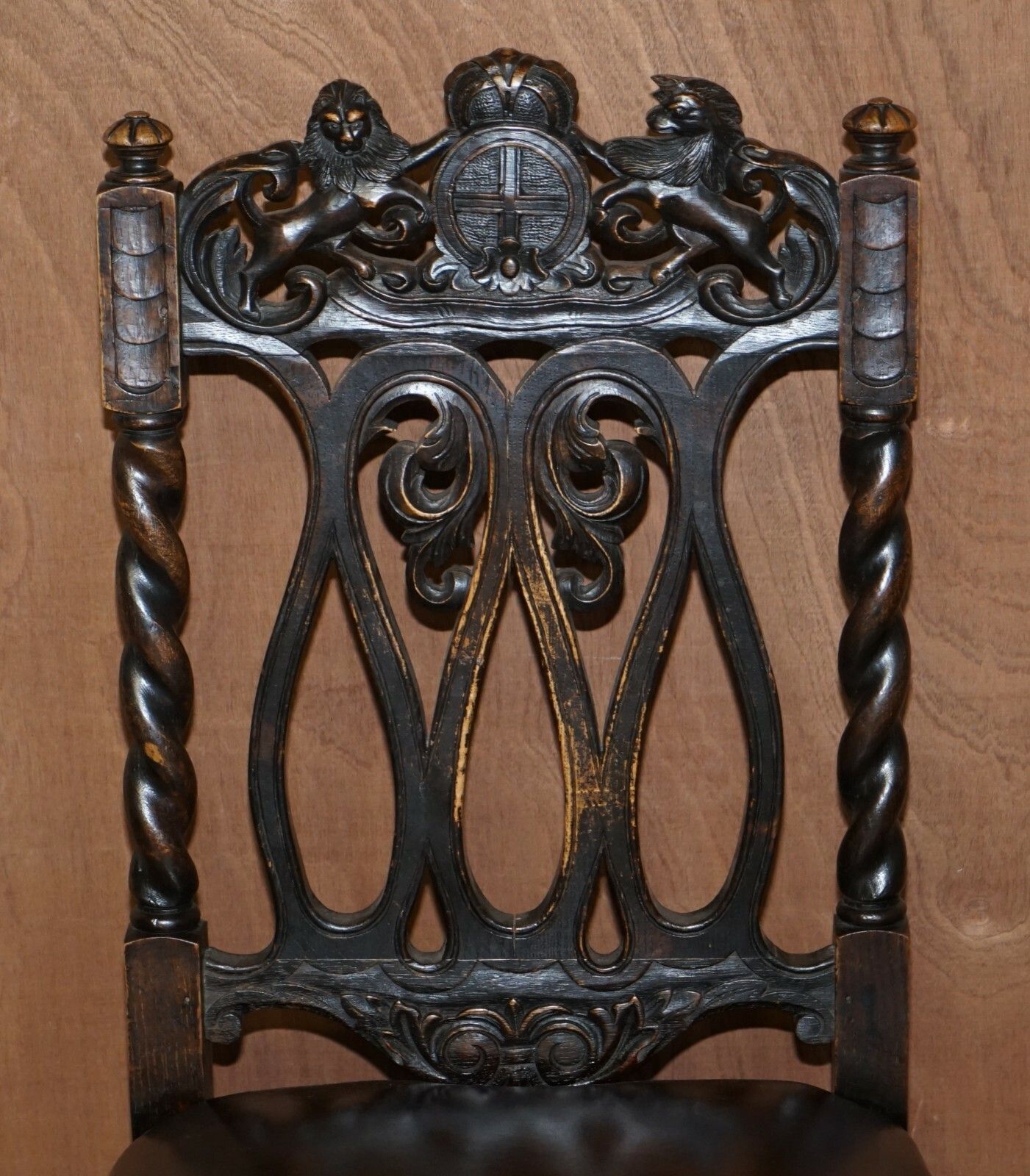 Eight Hand Carved Armorial Crest Coat Of Arms Antique Jacobean Dining Chairs photo 12000.0