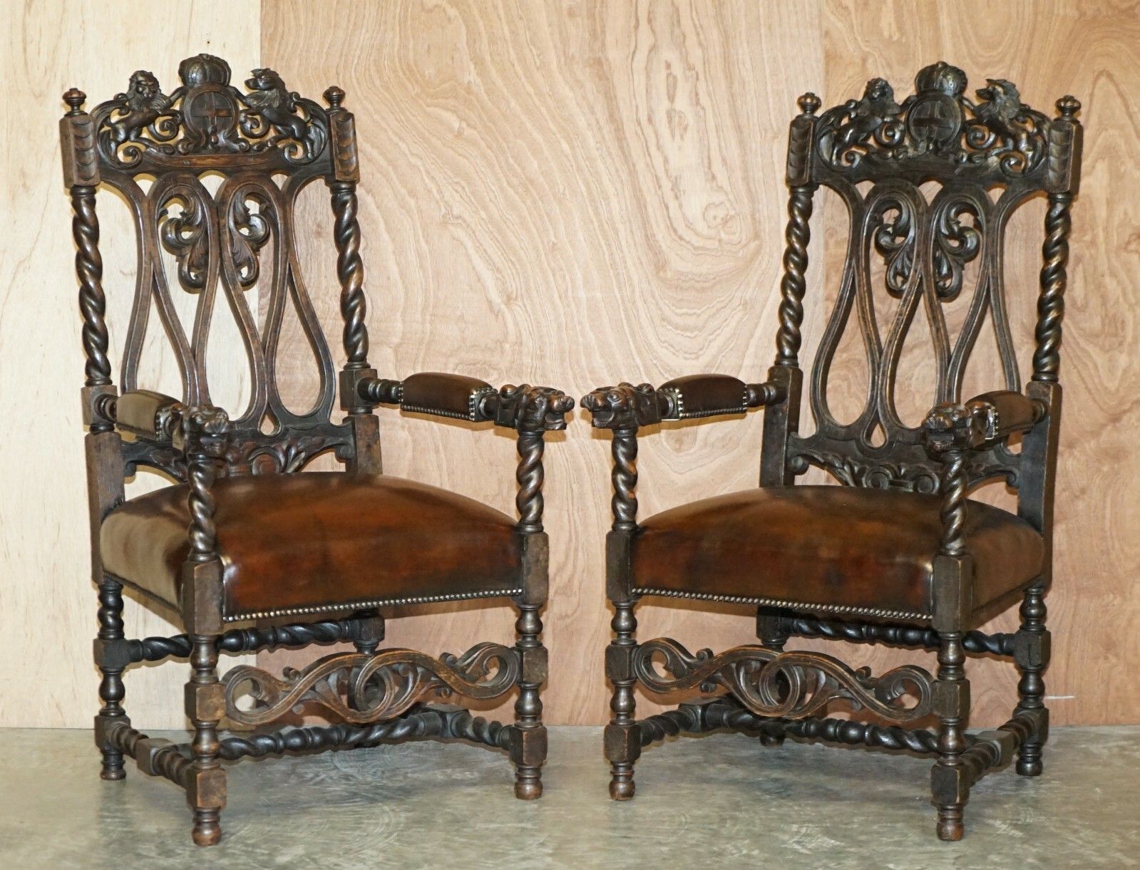 photo furniture Eight Hand Carved Armorial Crest Coat Of Arms Antique Jacobean Dining Chairs
