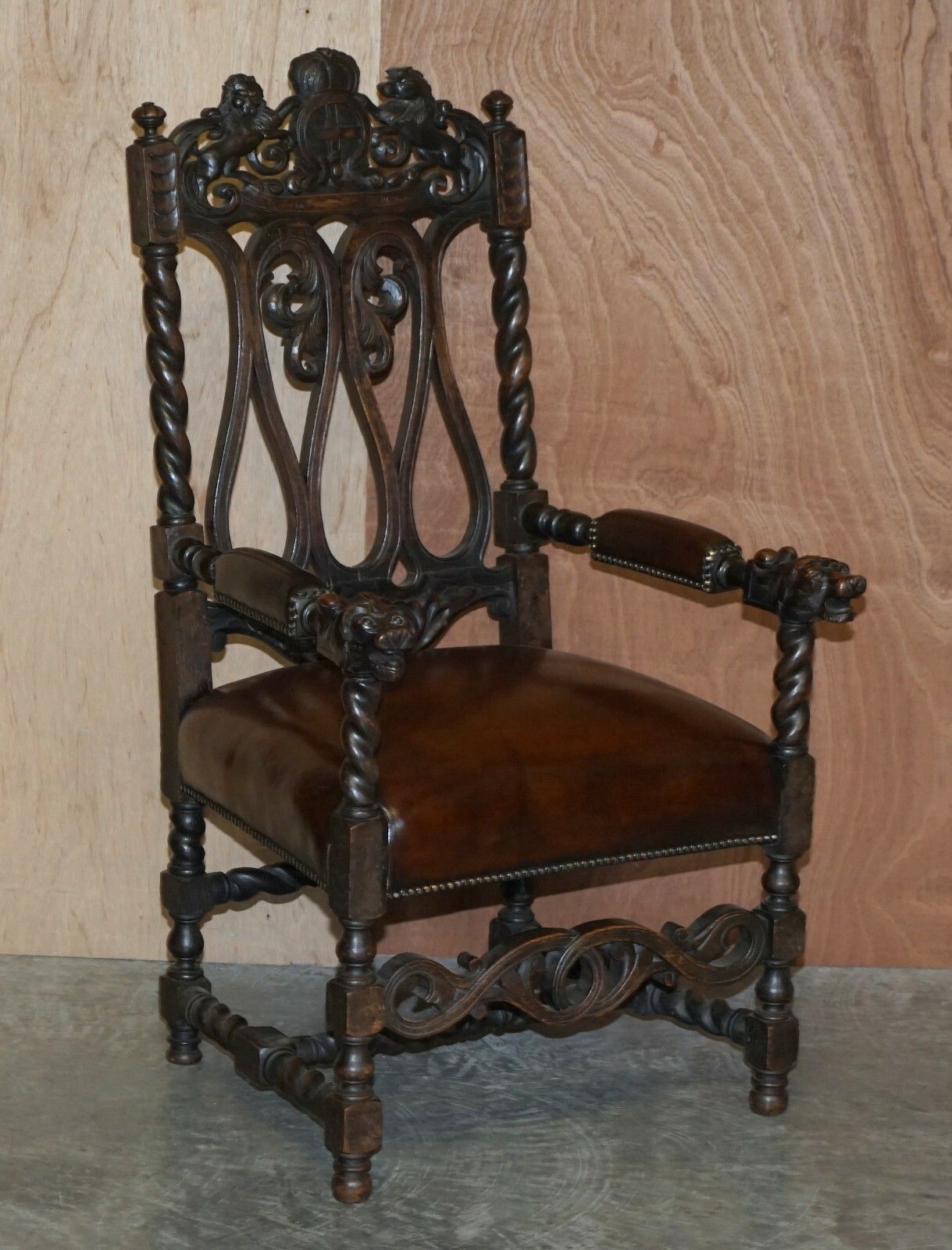 photo for sale Eight Hand Carved Armorial Crest Coat Of Arms Antique Jacobean Dining Chairs