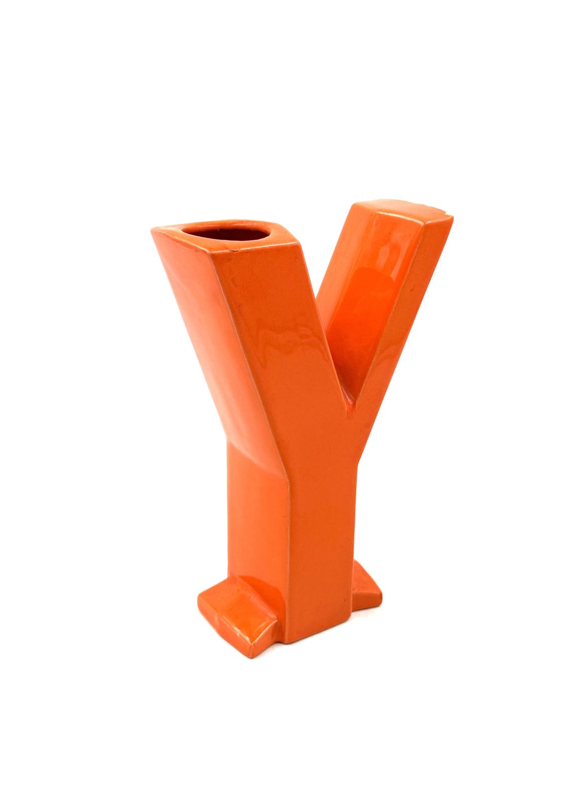 Space Age Orange Y Letter Shaped Ceramic Solifleur Vase, Marcel Radureau France Ca. 1970 photo for sale