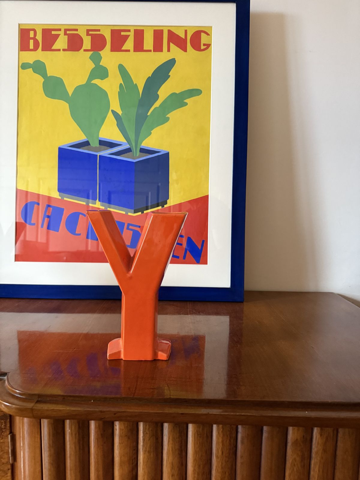 Space Age Orange Y Letter Shaped Ceramic Solifleur Vase, Marcel Radureau France Ca. 1970 photo vintage