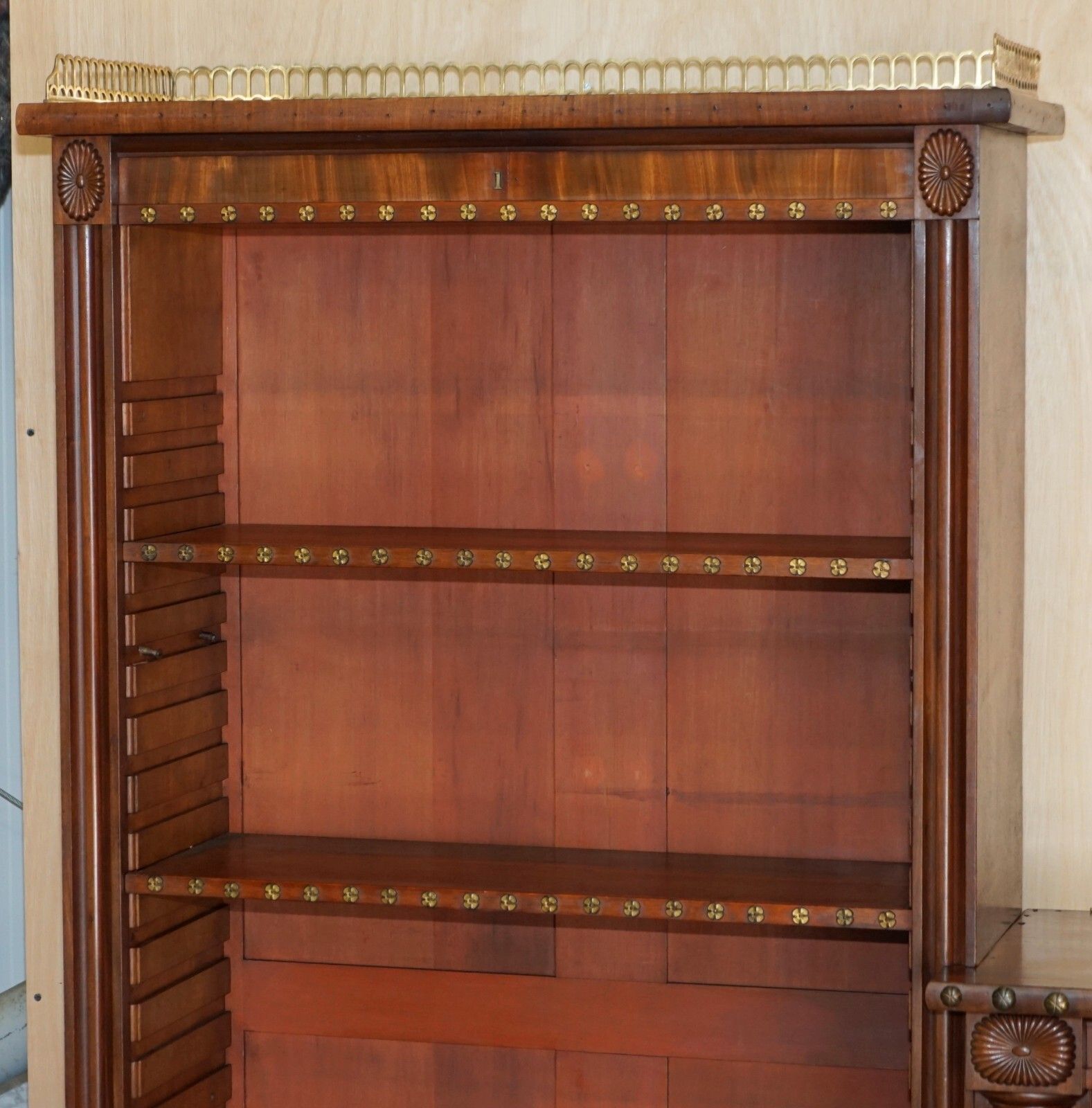 Important Antique William IV 1830 3.5 Meter Wide Library Bookcase Brass Gallery photo for sale