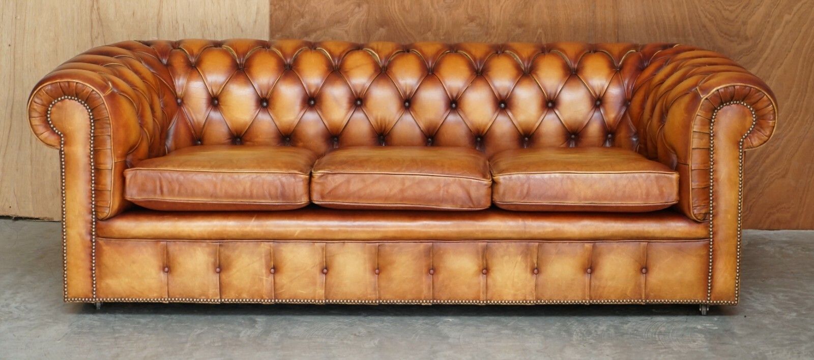 photo furniture Old Chesterfield Club Three Piece Sofa & Pair Of Armchairs Suite Brown Leather