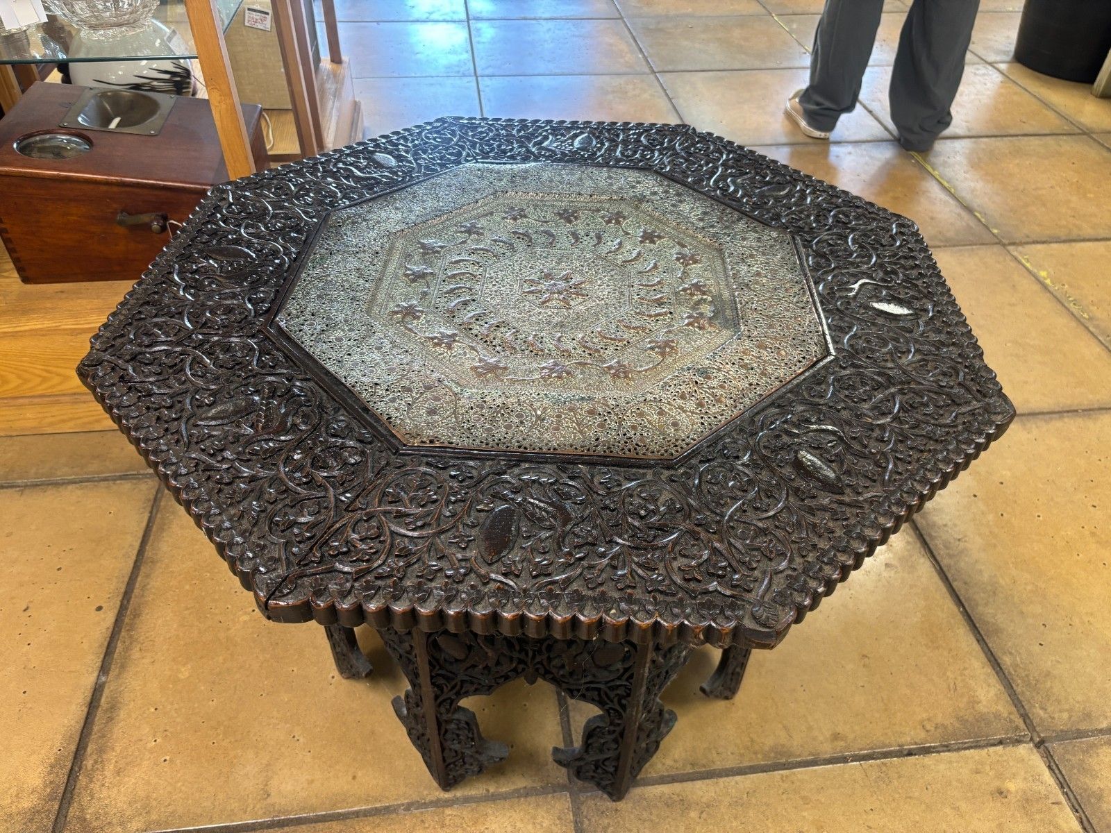 19th Century Anglo Indian Heavily Carved Wooden Table With Copper Insert photo for sale