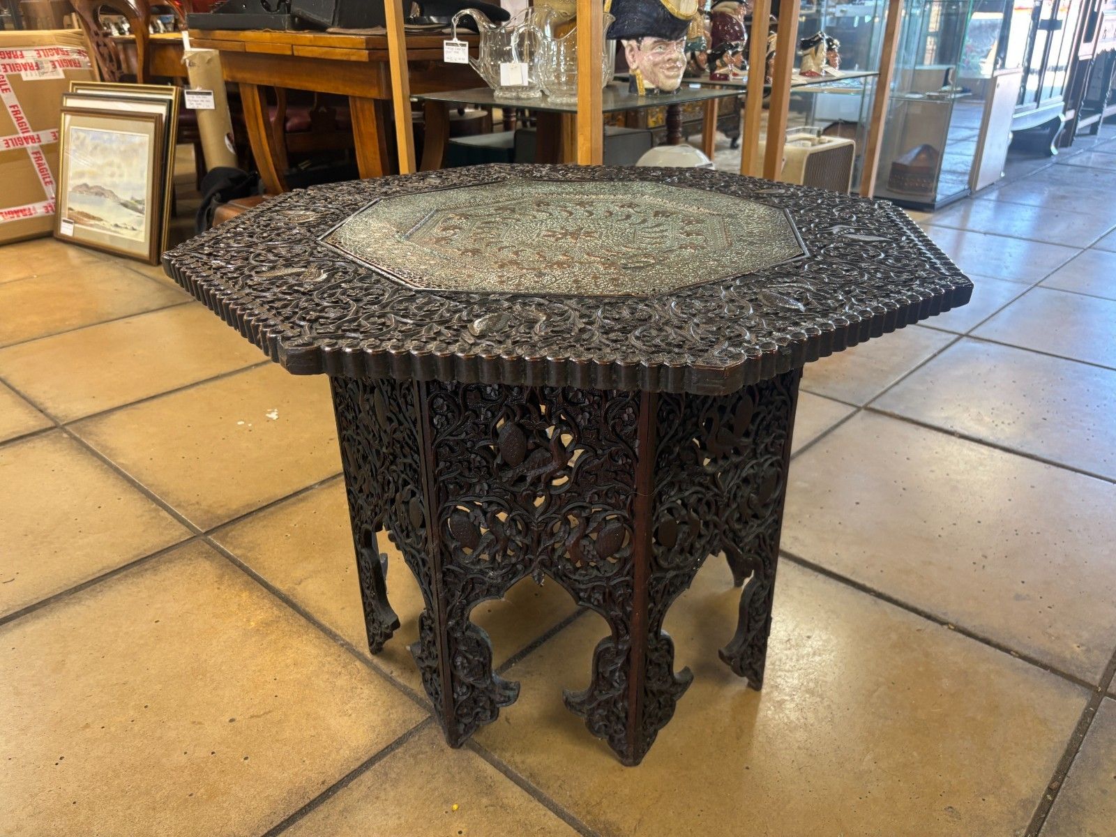 19th Century Anglo Indian Heavily Carved Wooden Table With Copper Insert photo Furniture