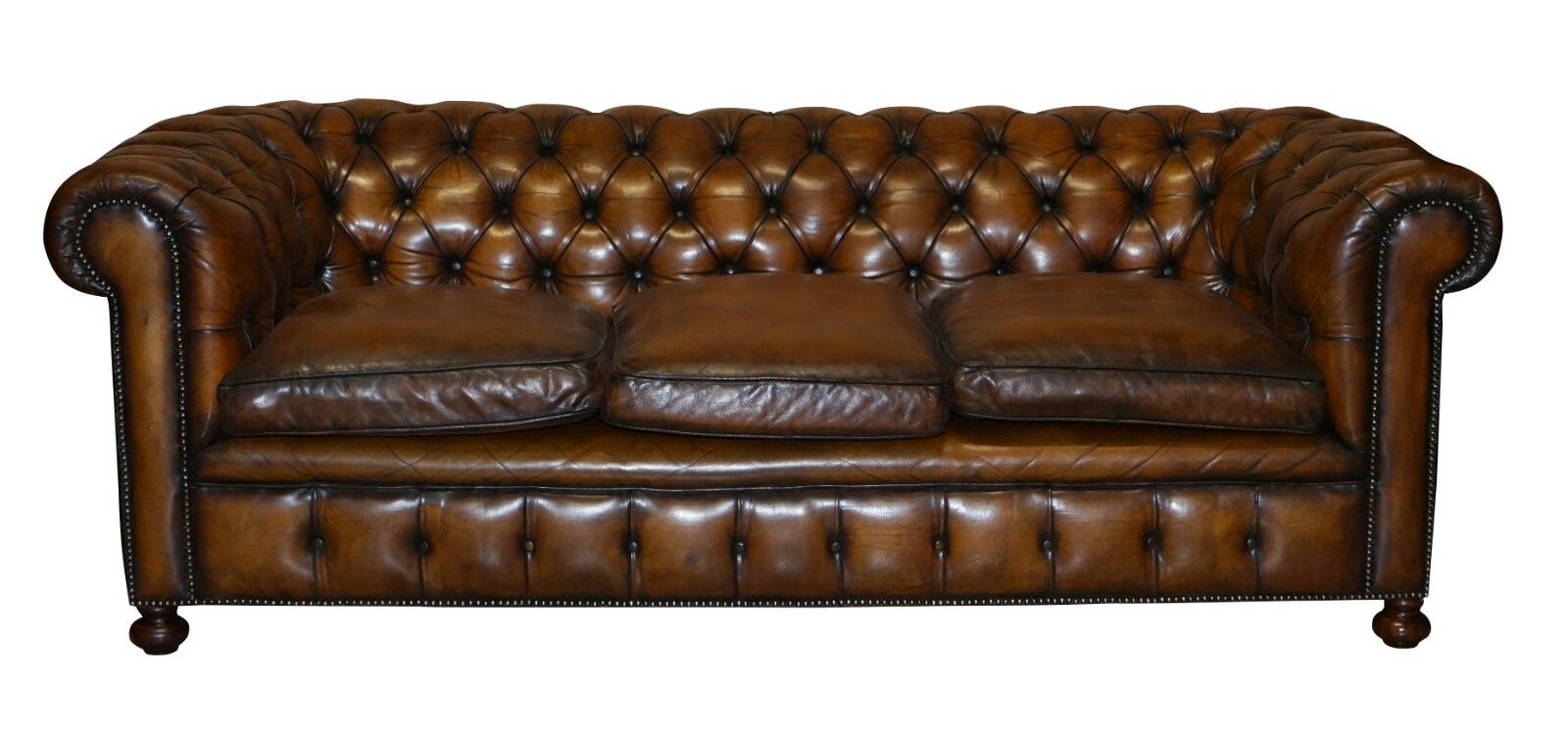 1960's Hand Dyed Restored Cigar Brown Leather Chesterfield Club Sofa English photo furniture