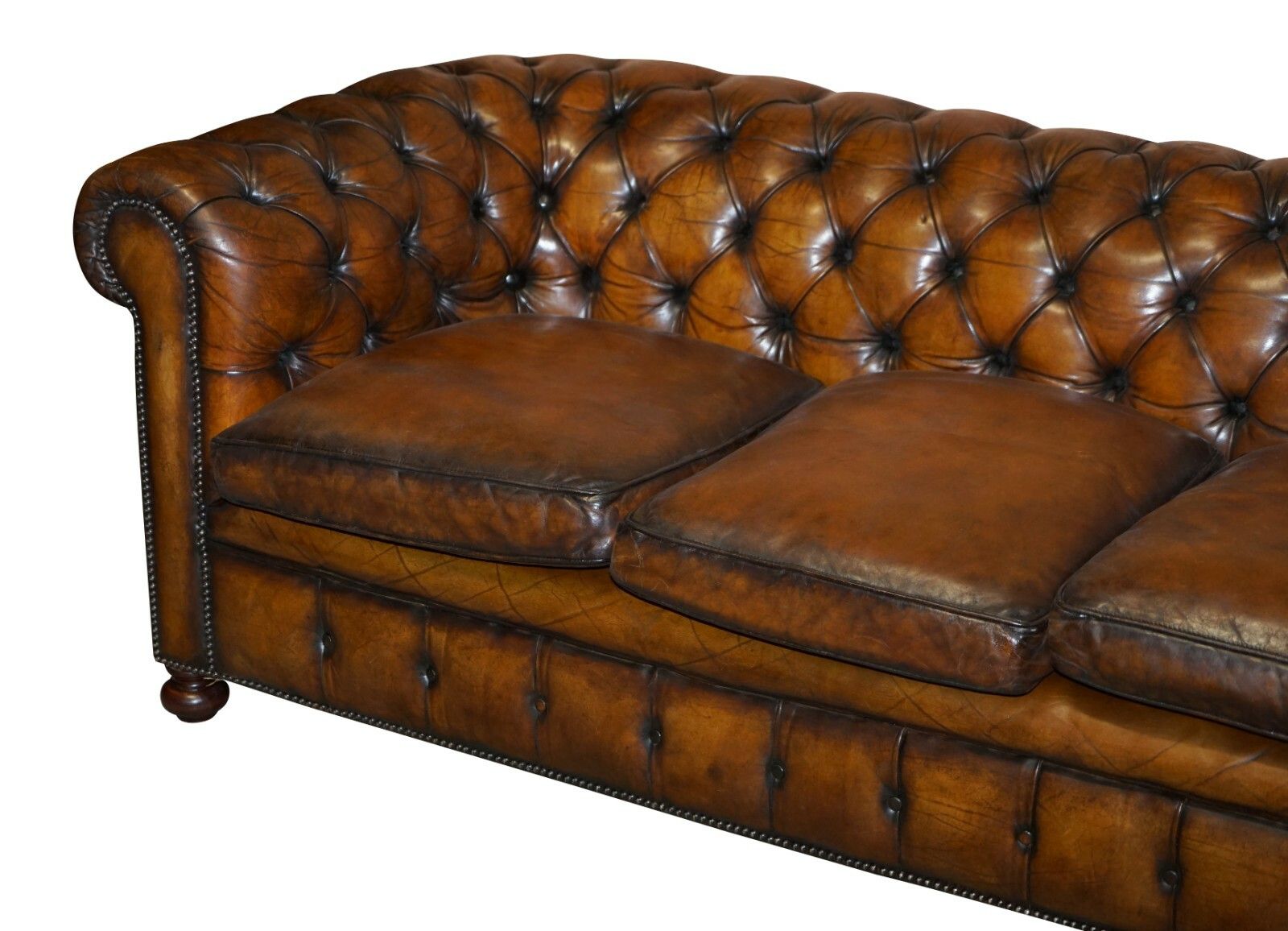 1960's Hand Dyed Restored Cigar Brown Leather Chesterfield Club Sofa English photo for sale