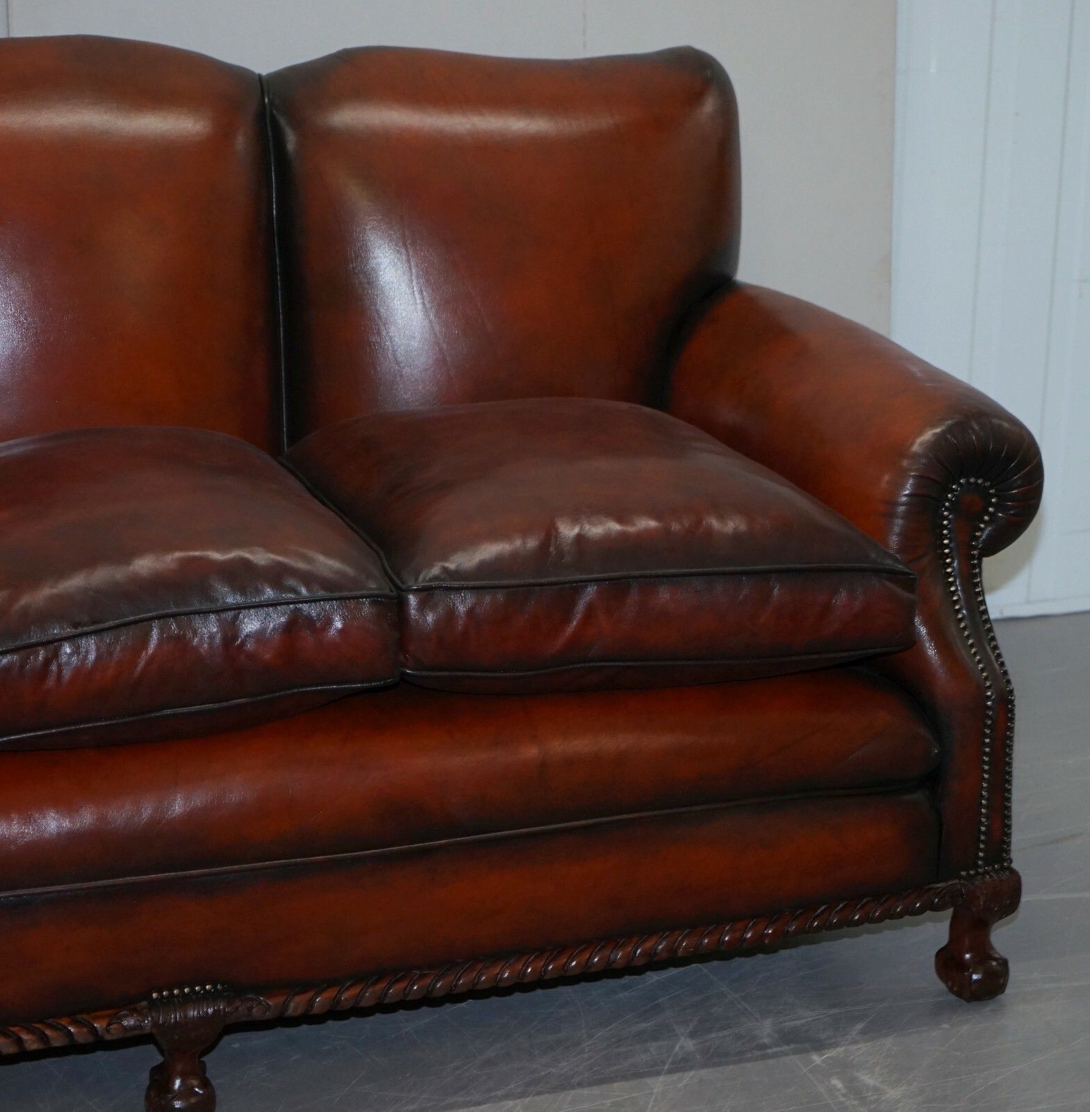Restored Victorian Hand Dyed Brown Leather Sofa Claw & Ball Feet Feather Cushion photo 10000.0