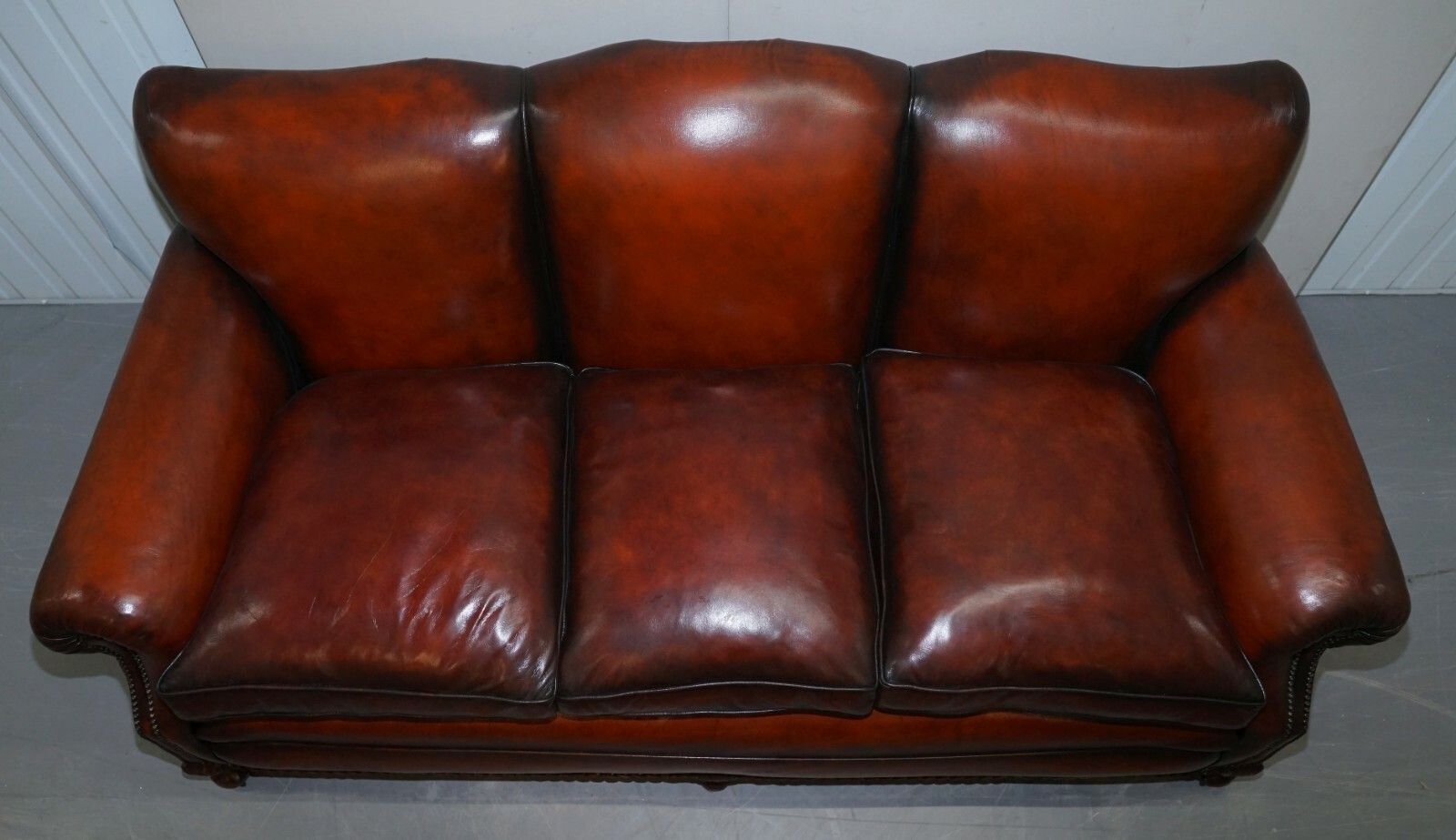 Restored Victorian Hand Dyed Brown Leather Sofa Claw & Ball Feet Feather Cushion photo buy