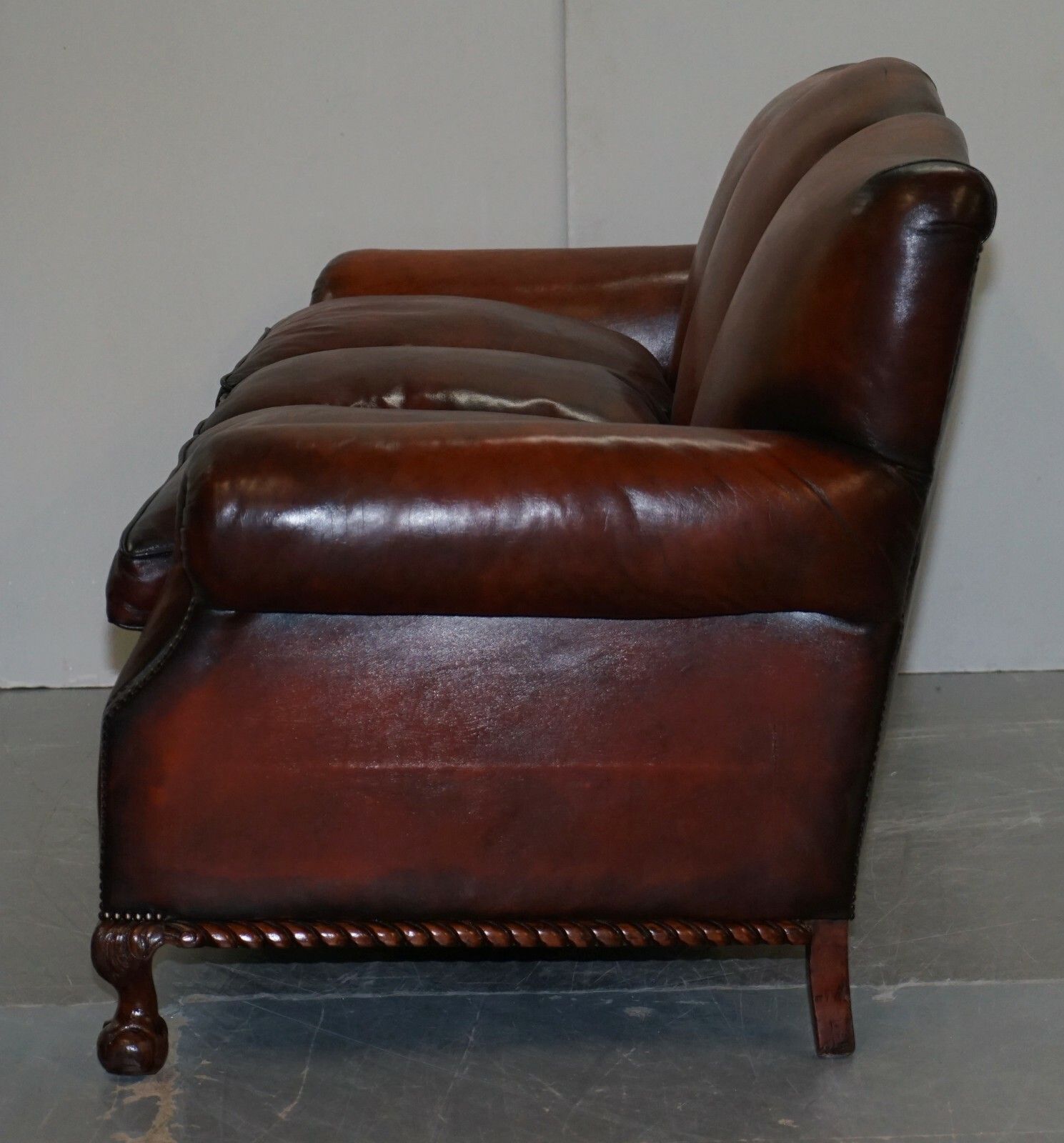 10000.0 Restored Victorian Hand Dyed Brown Leather Sofa Claw & Ball Feet Feather Cushion photo
