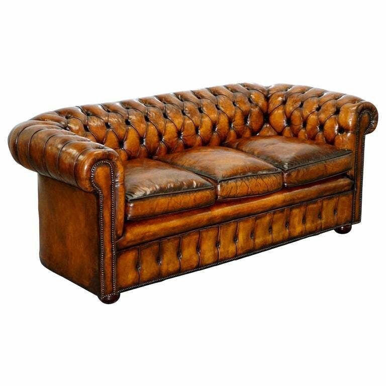 1930's Hand Dyed Restored Whisky Brown Leather Chesterfield Club Sofa English
