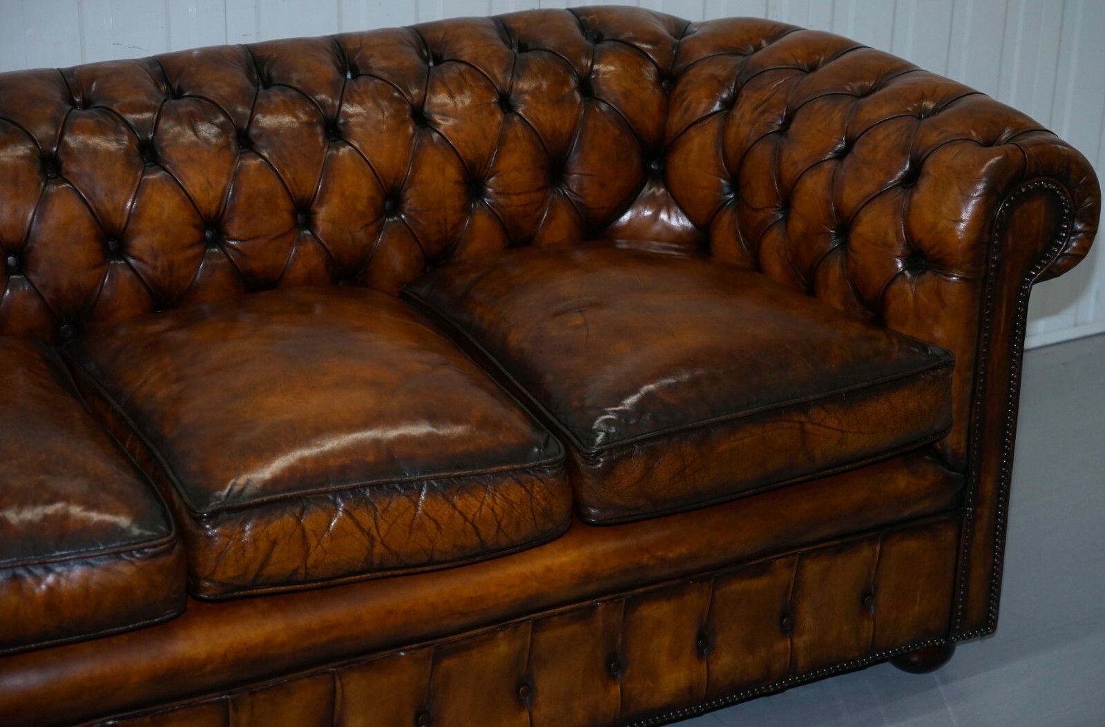 1930's Hand Dyed Restored Whisky Brown Leather Chesterfield Club Sofa English photo Furniture