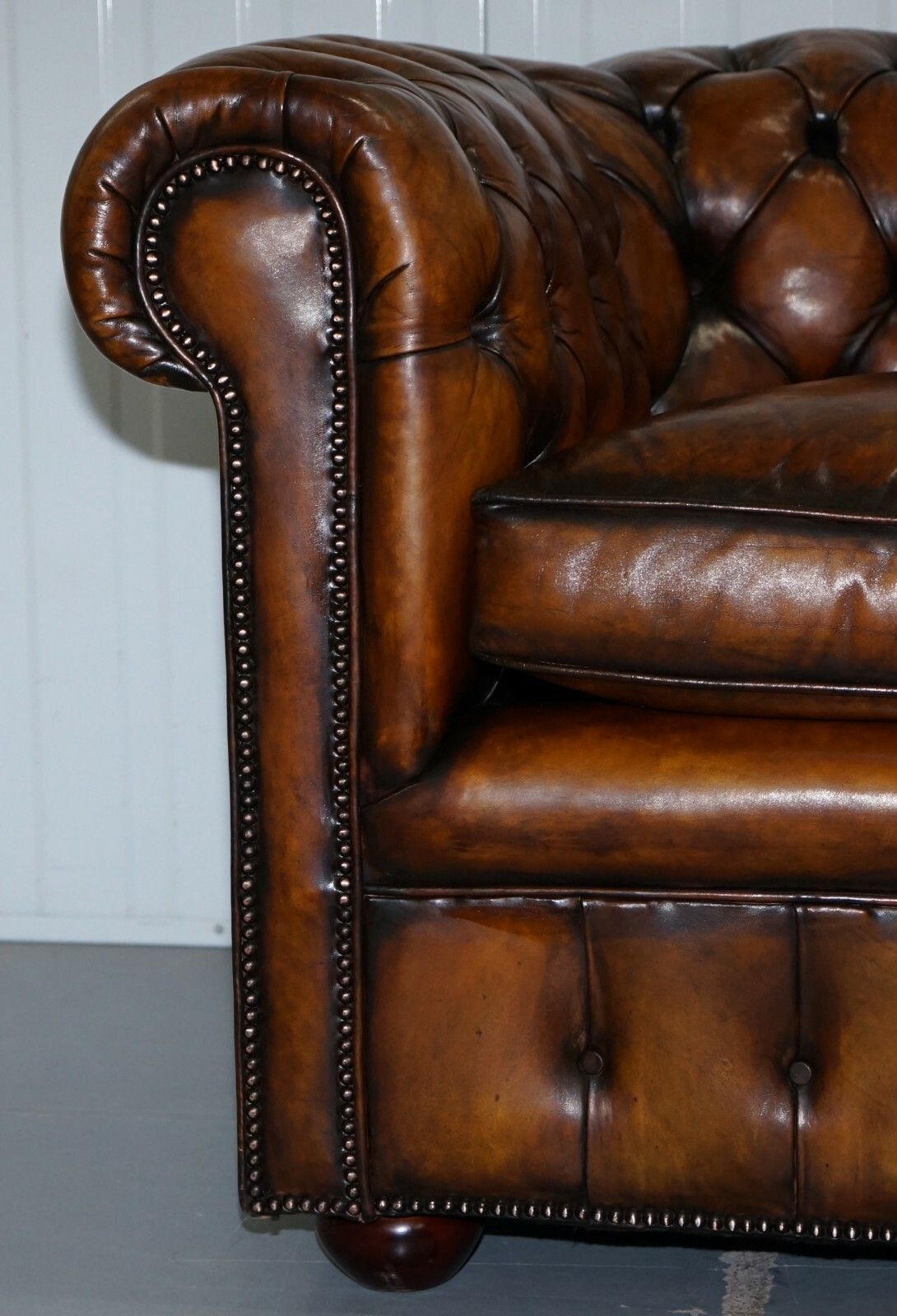 photo for sale 1930's Hand Dyed Restored Whisky Brown Leather Chesterfield Club Sofa English