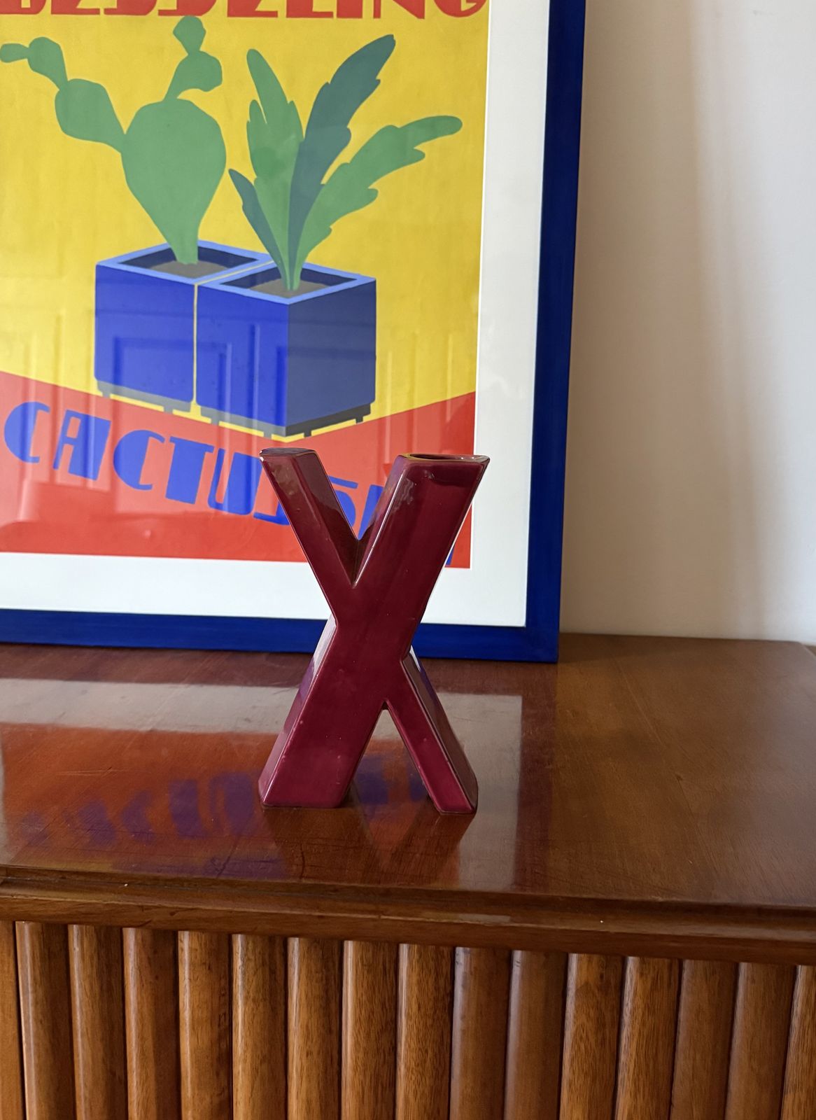 Space Age Red X Letter Shaped Ceramic Solifleur Vase, Marcel Radureau France Ca. 1970 photo 130.0