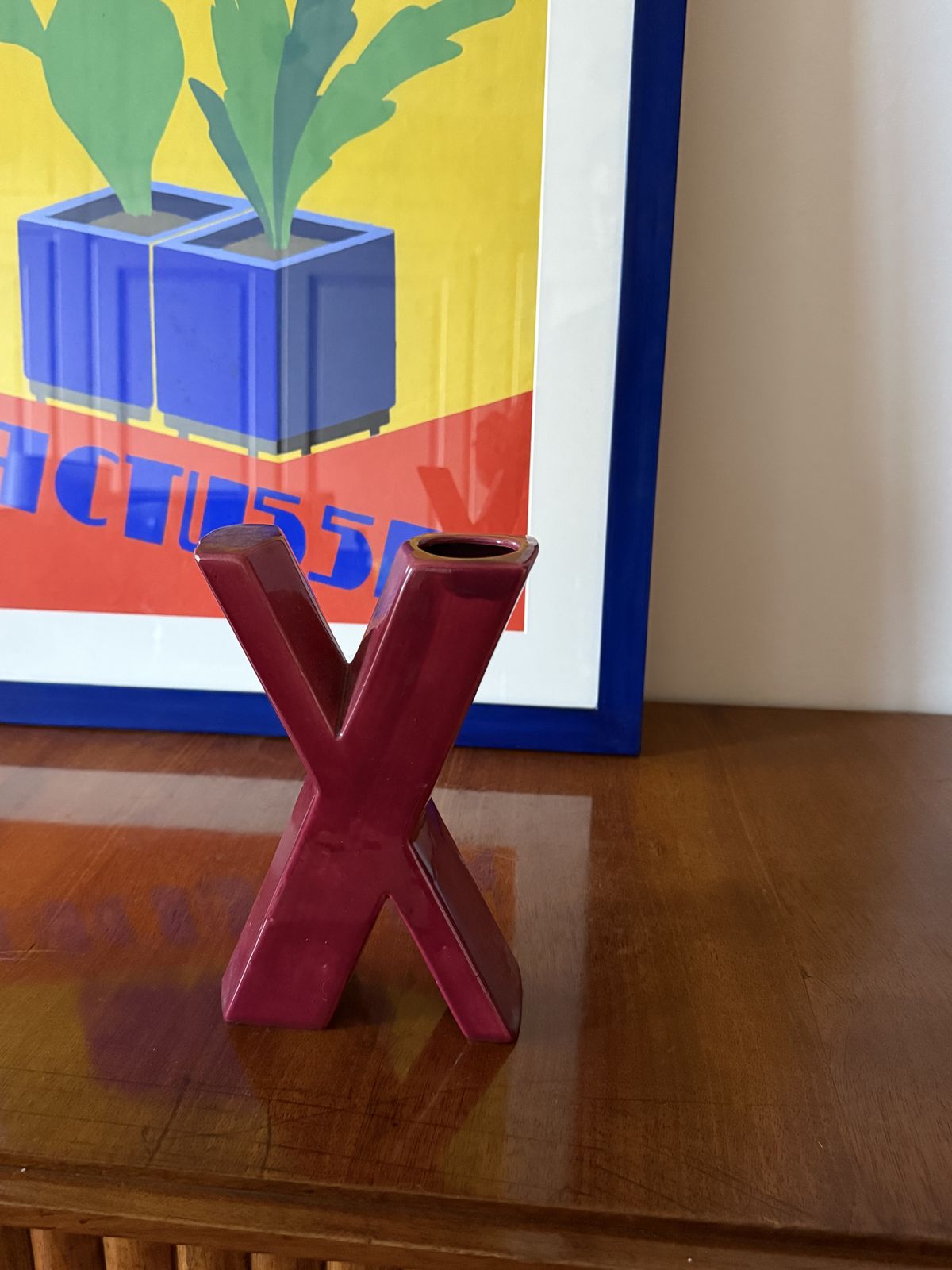 Home Decor Space Age Red X Letter Shaped Ceramic Solifleur Vase, Marcel Radureau France Ca. 1970 photo