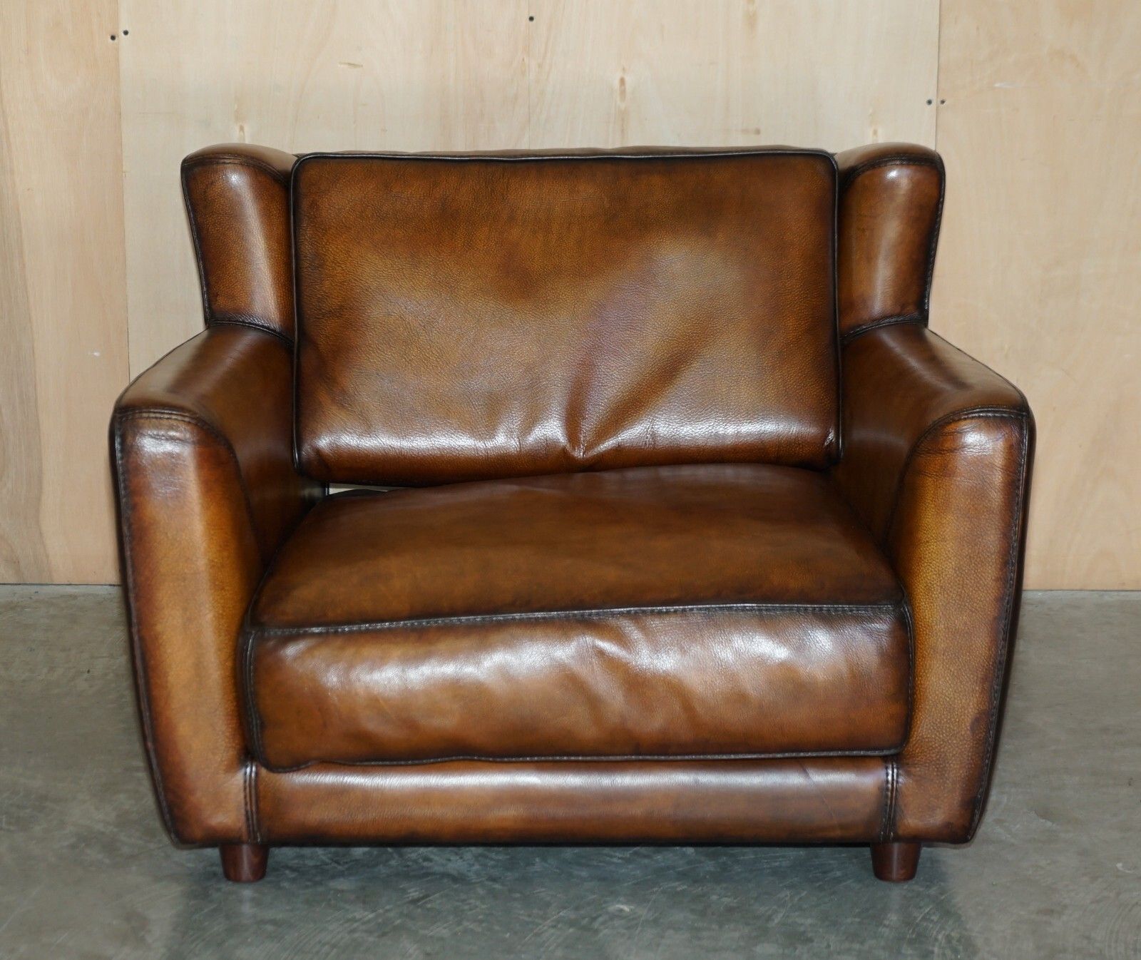 Pair Of Restored Baxter Berger Hand Dyed Cigar Brown Leather Love Seat Armchairs photo for sale