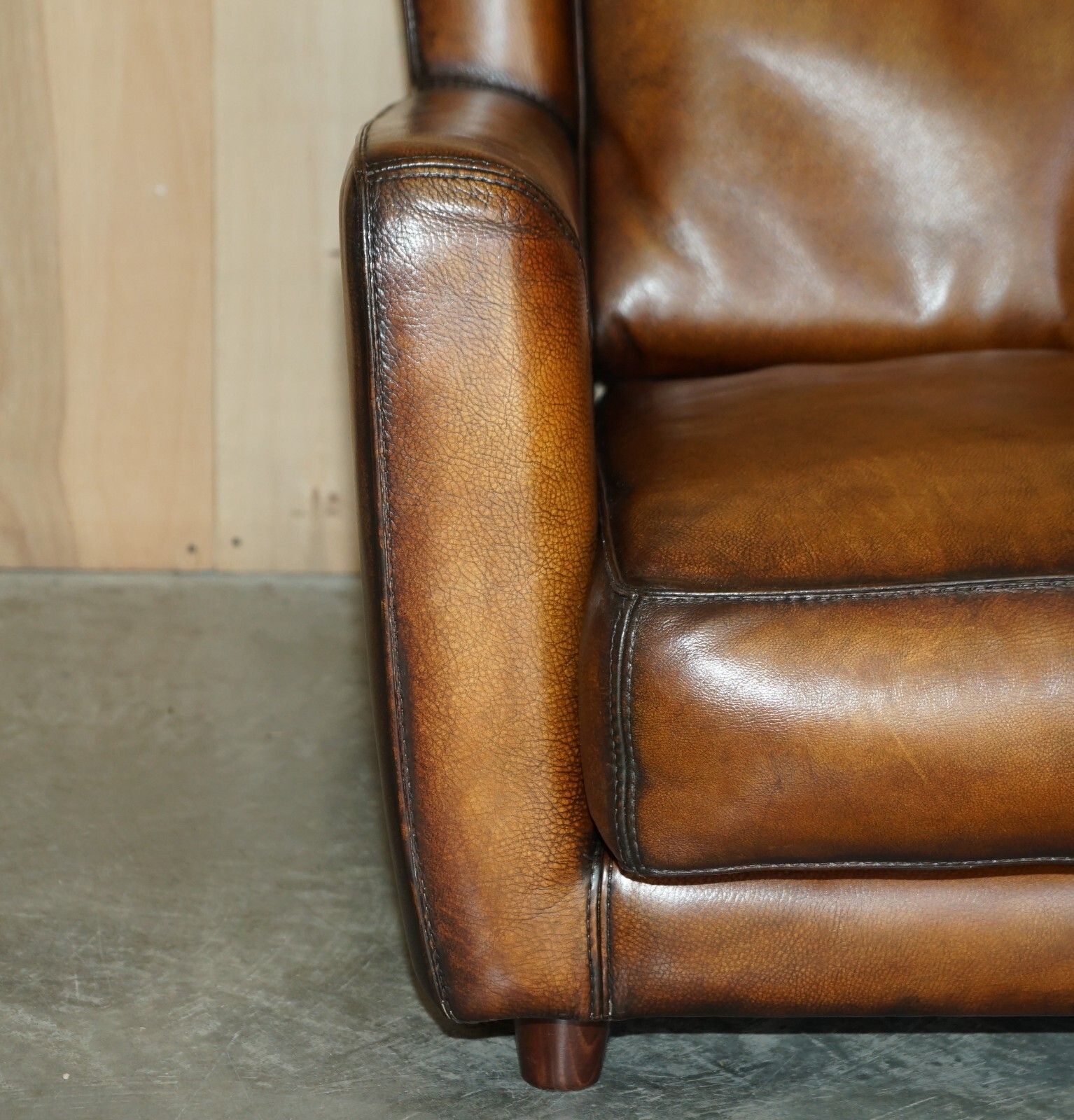 Pair Of Restored Baxter Berger Hand Dyed Cigar Brown Leather Love Seat Armchairs photo vinterior