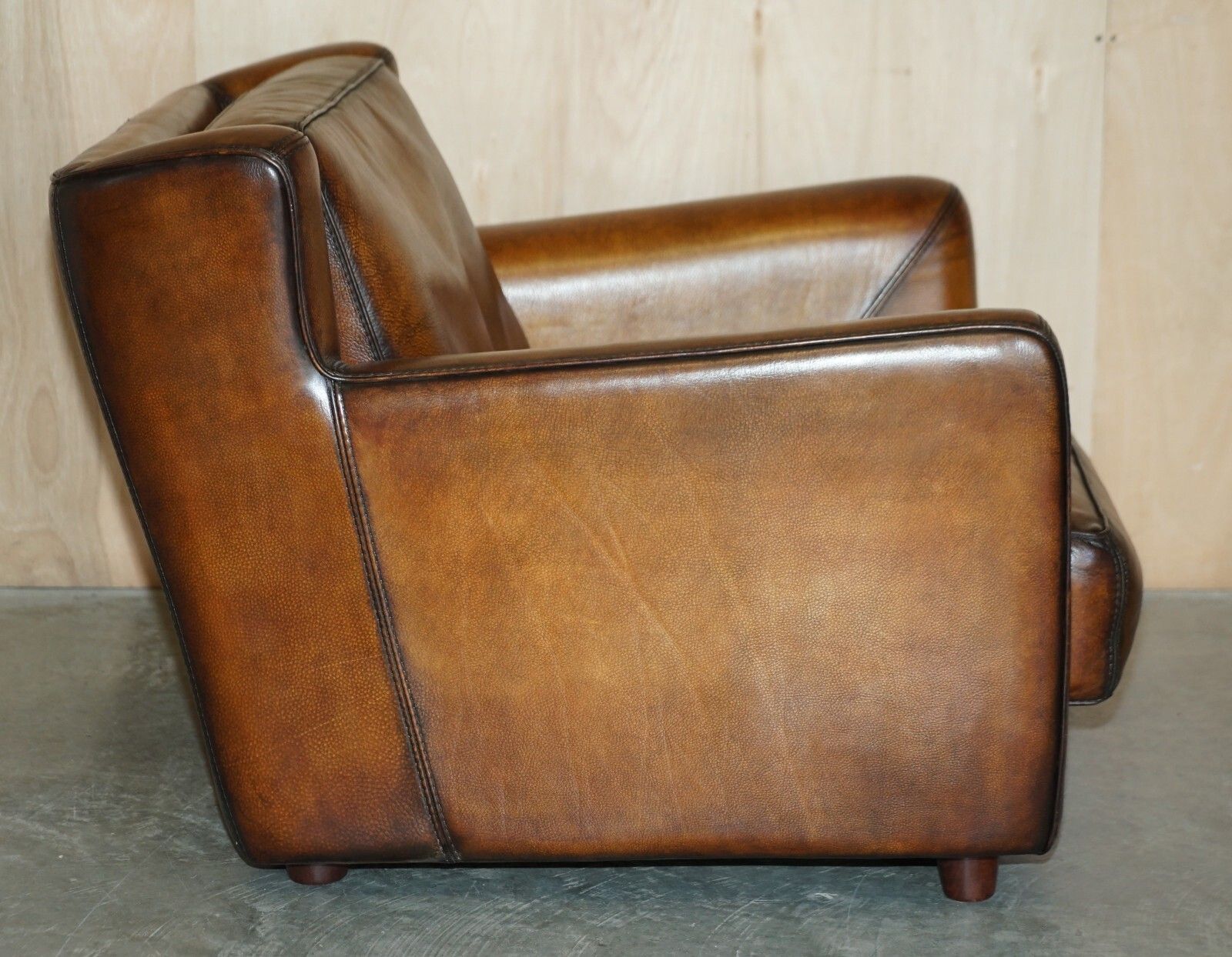 photo for sale Pair Of Restored Baxter Berger Hand Dyed Cigar Brown Leather Love Seat Armchairs