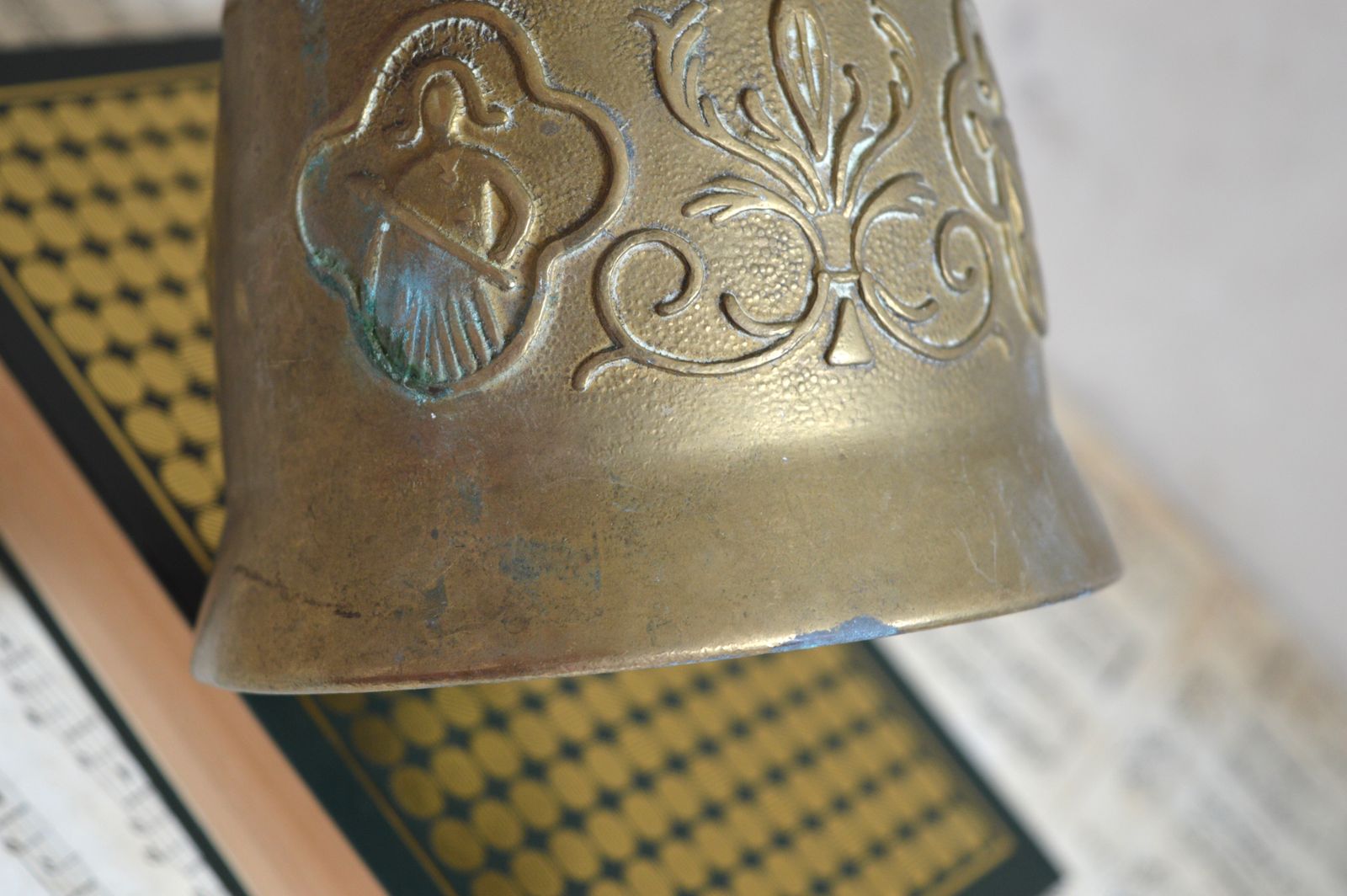 French Antique Solid Heavy Embossed Brass Bell, Bearing The Latin Motto " Qui Me Tangit Vocem Meam Audi '' photo Home Decor