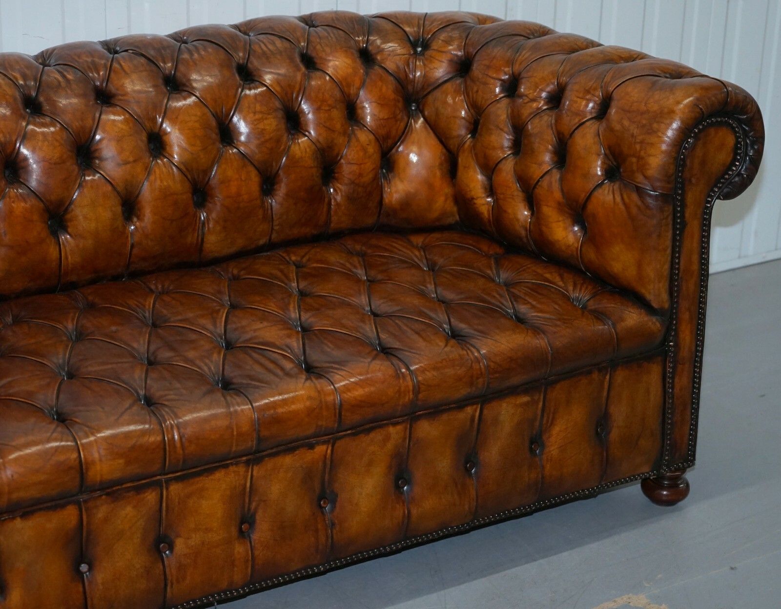 Rare Circa 1900 Hand Dyed Fully Restored Whisky Brown Leather Chesterfield Sofa photo for sale