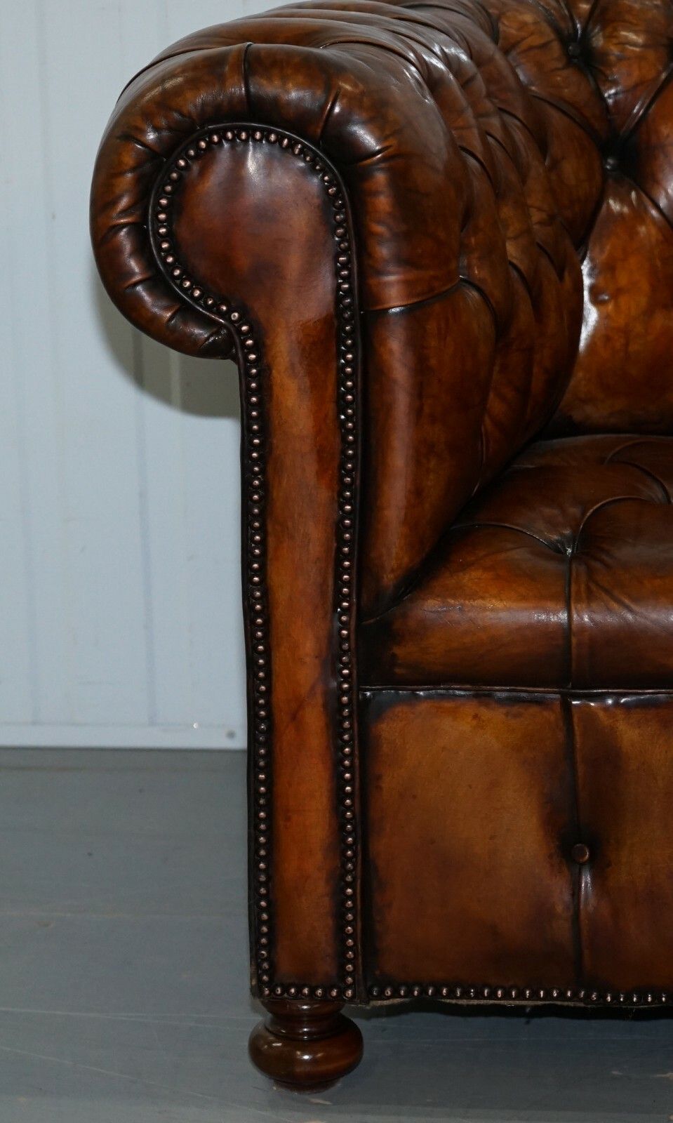 Rare Circa 1900 Hand Dyed Fully Restored Whisky Brown Leather Chesterfield Sofa photo vintage